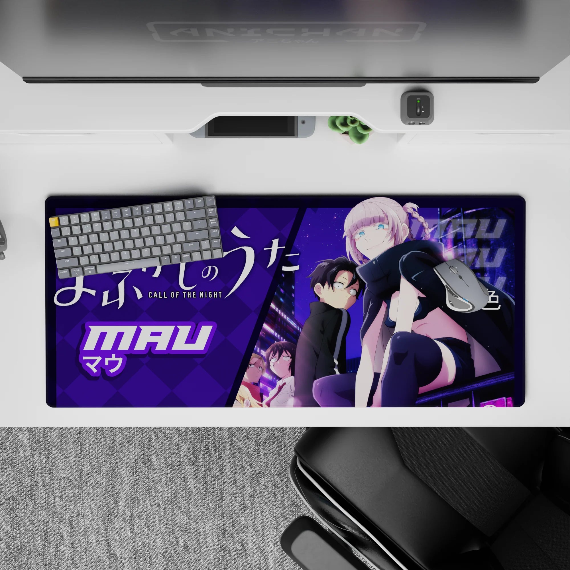 Purple neon night vibe anime girl desk pad 36x16 inches, bold lavender hair, blue eyes, dreamy city glow.