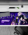 Purple neon night vibe anime girl desk pad 36x16 inches, bold lavender hair, blue eyes, dreamy city glow.