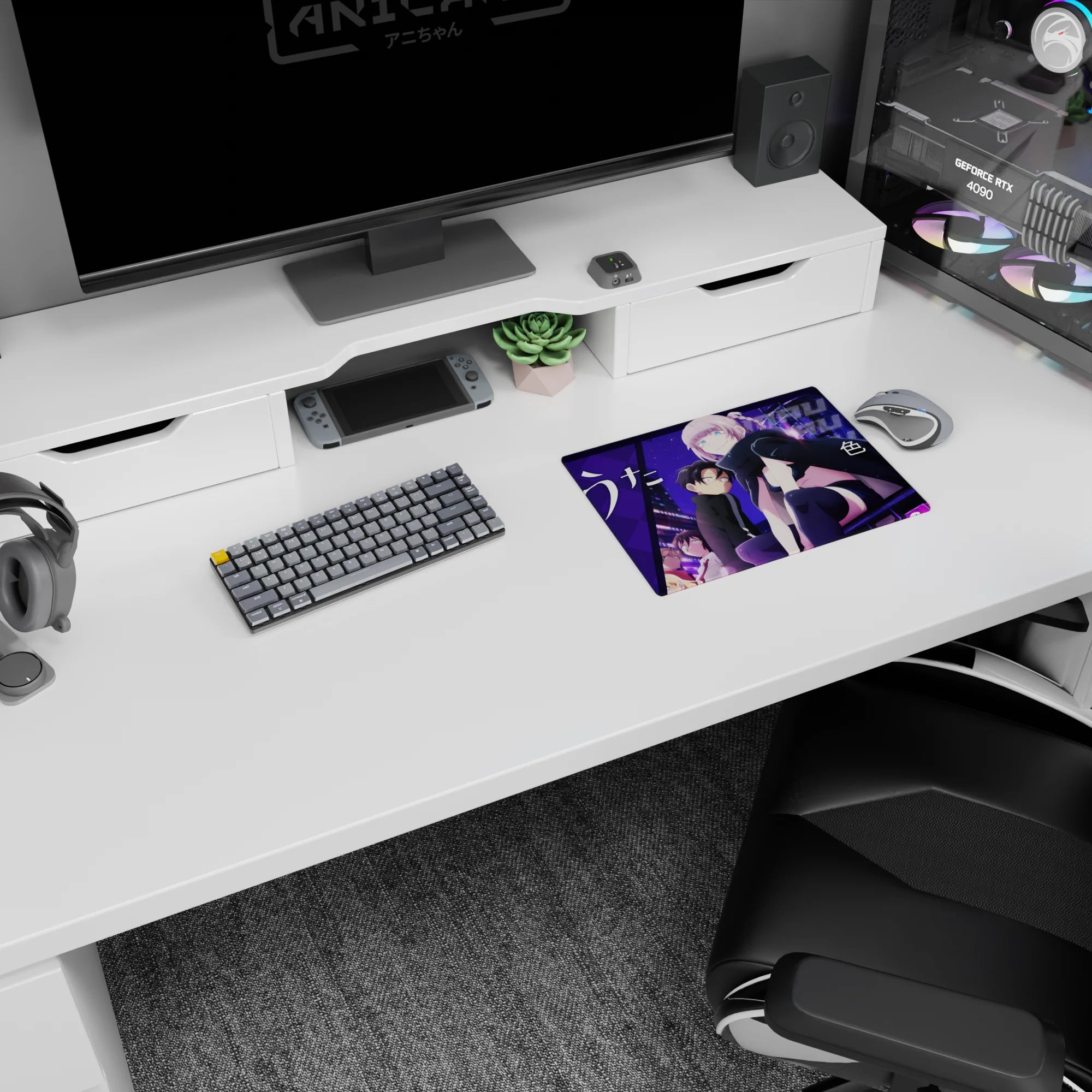 Mau perched in sleek black outfit, thigh-highs and oversized scarf, 14x10 inches classic anime girl mouse pad.