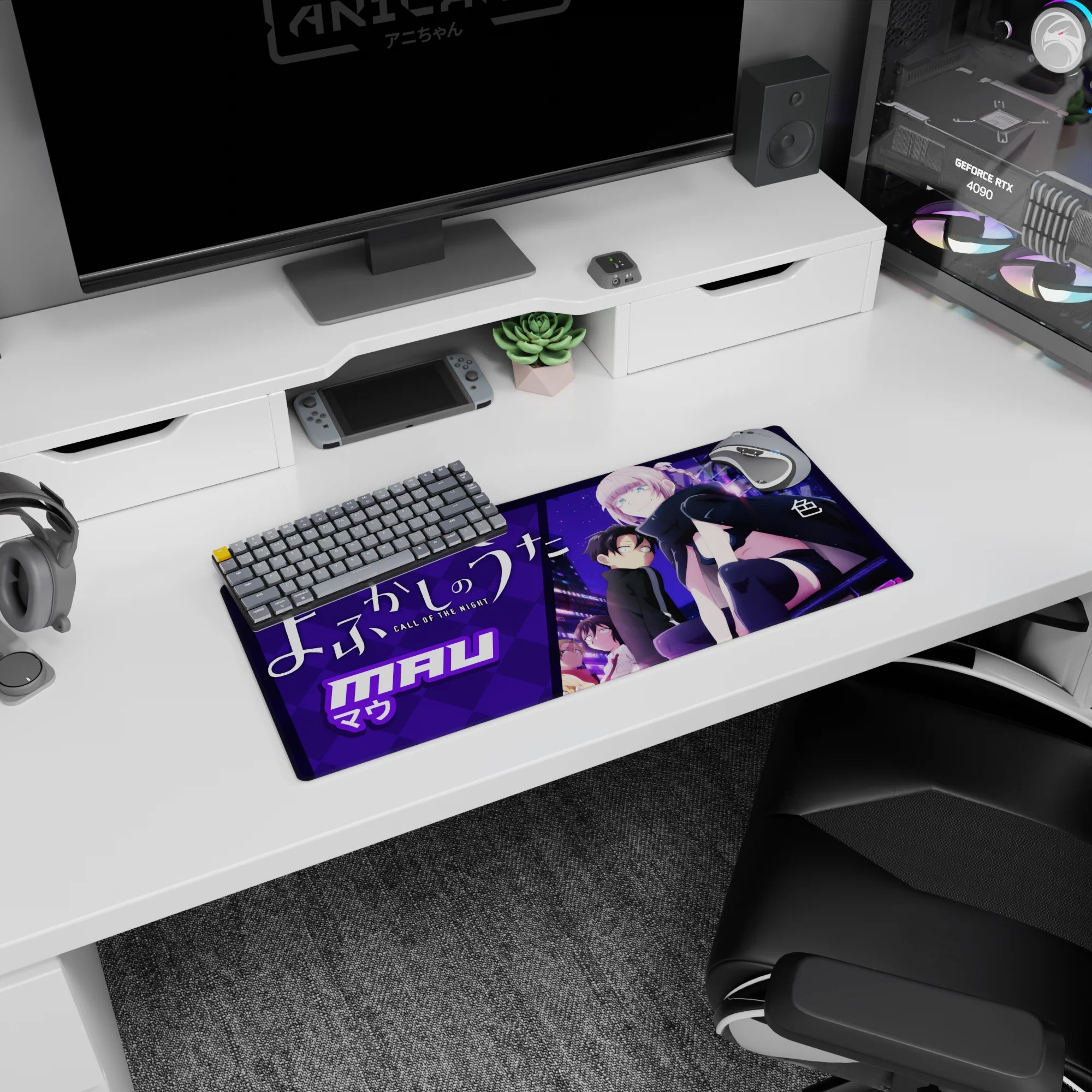 Anime girl Mau perched in black outfit with thigh-highs and oversized scarf mouse pad 28x12 inches.