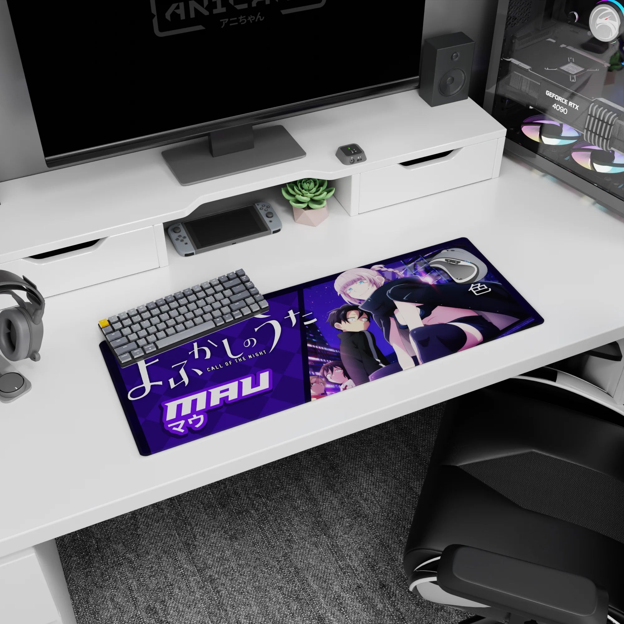 32x12 inches anime girl mouse pad featuring Mau in black outfit, thigh-highs, and oversized scarf on a perch.
