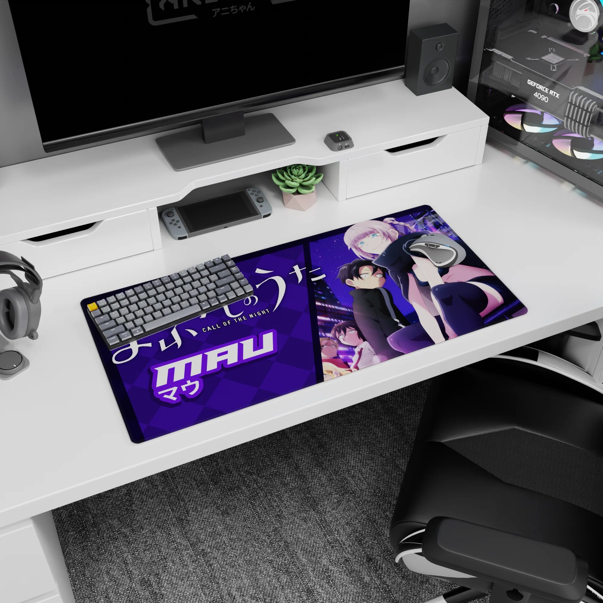 32x16 inches anime girl mouse pad featuring Mau perched above the city, blue eyes, thigh-highs, and oversized scarf.