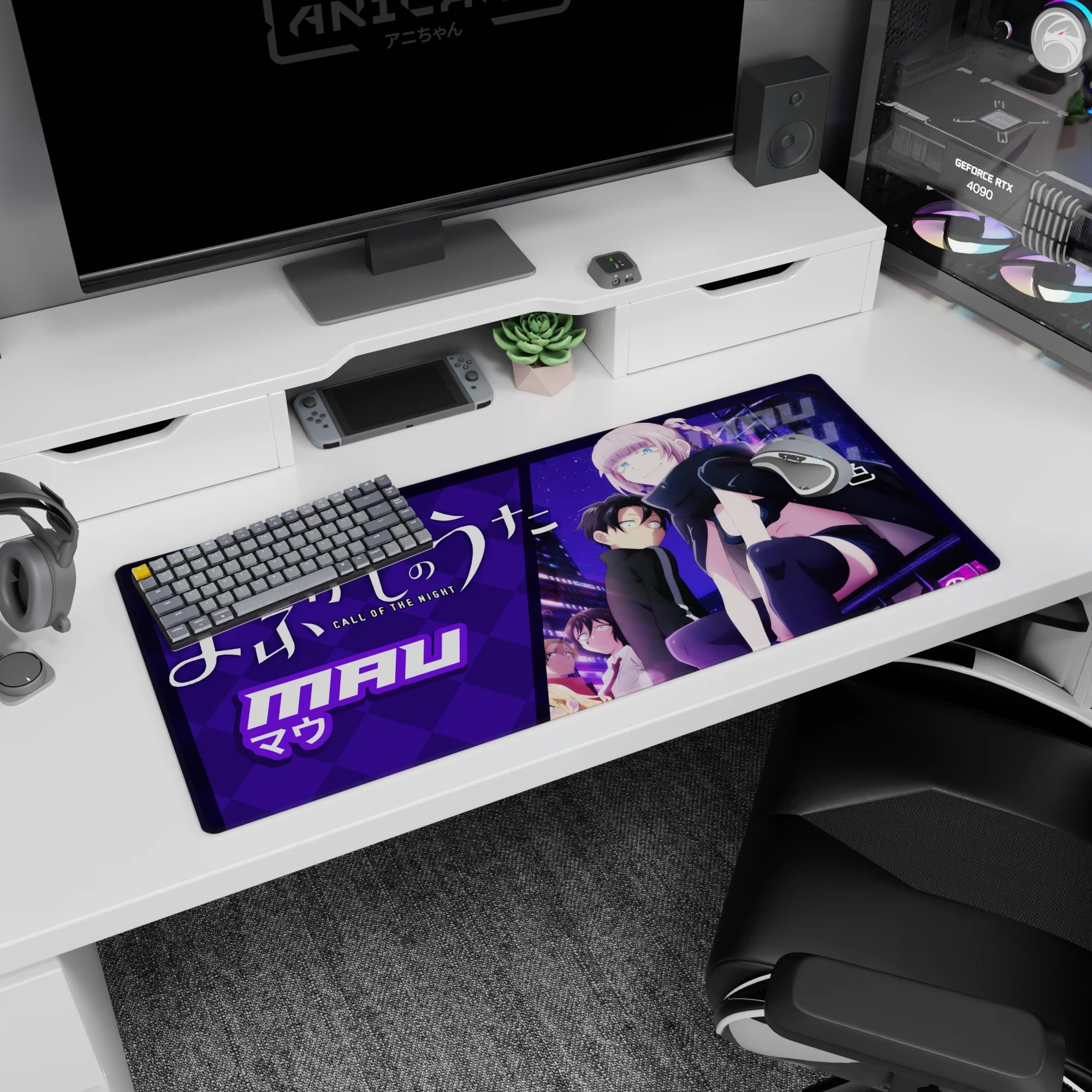 Mau perched in sleek black outfit and thigh-highs with oversized scarf on an anime desk pad 36x16 inches.