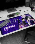 Mau perched in black outfit with thigh-highs and oversized scarf, lavender braid on 40x20 inches desk pad.