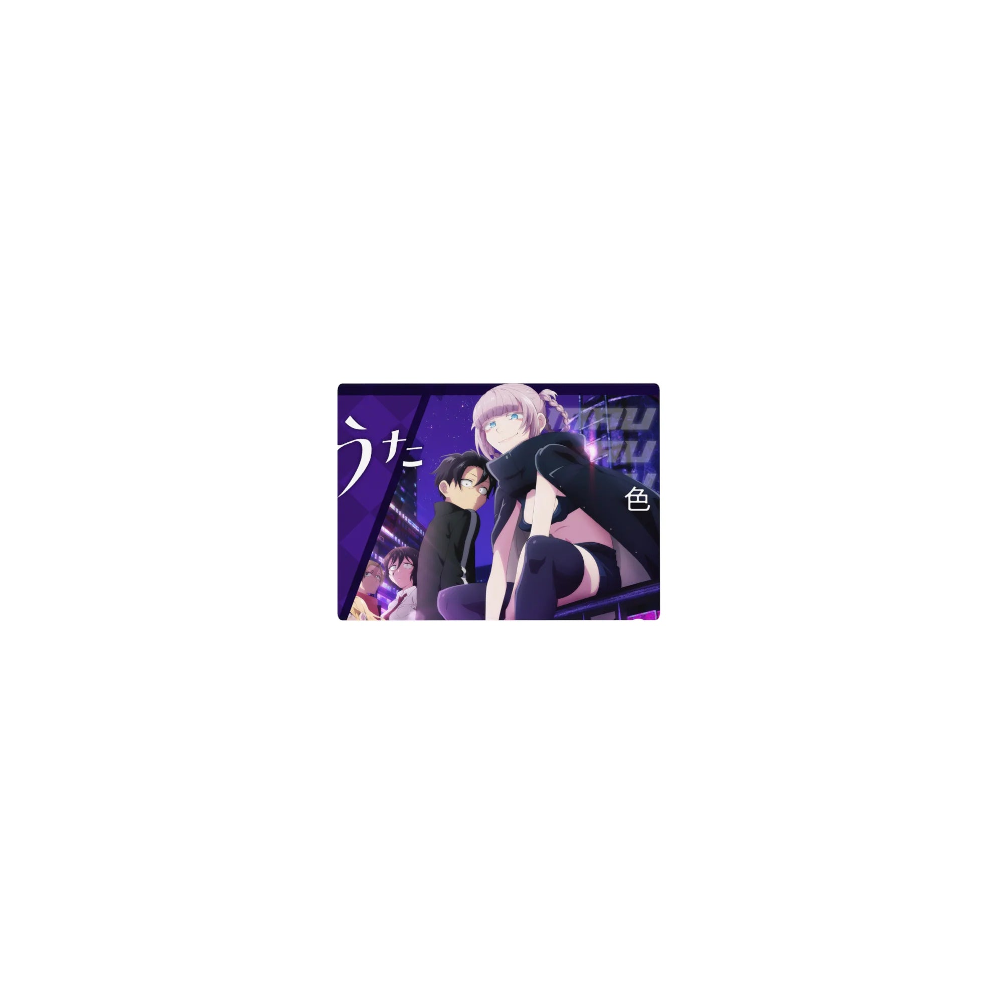 Call of the Night anime girl mouse pad 14x10 inches with Mau, neon city sign and purple diamond backdrop.