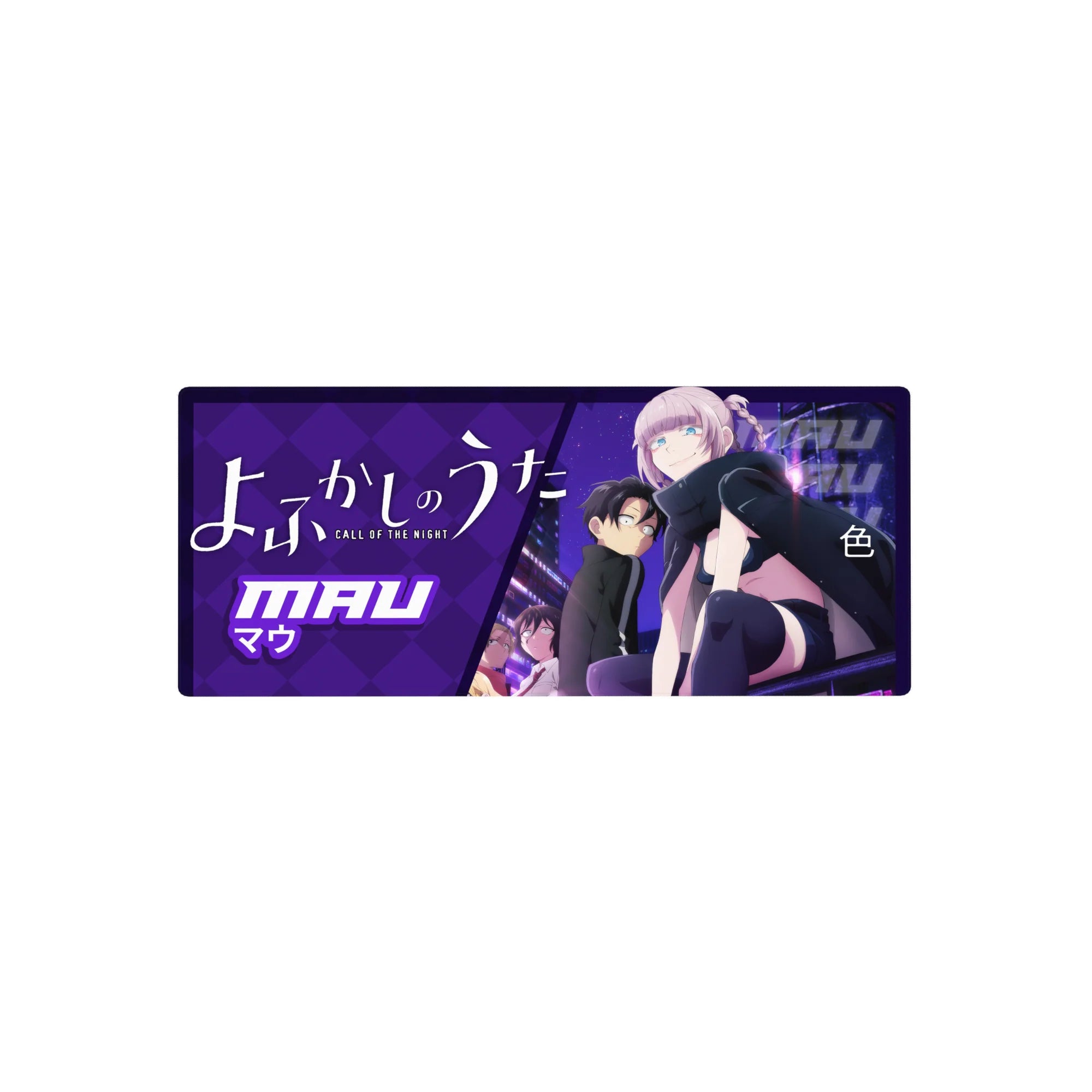 Call of the Night anime girl mouse pad 28x12 inches with Mau, neon city backdrop, purple diamond signage.