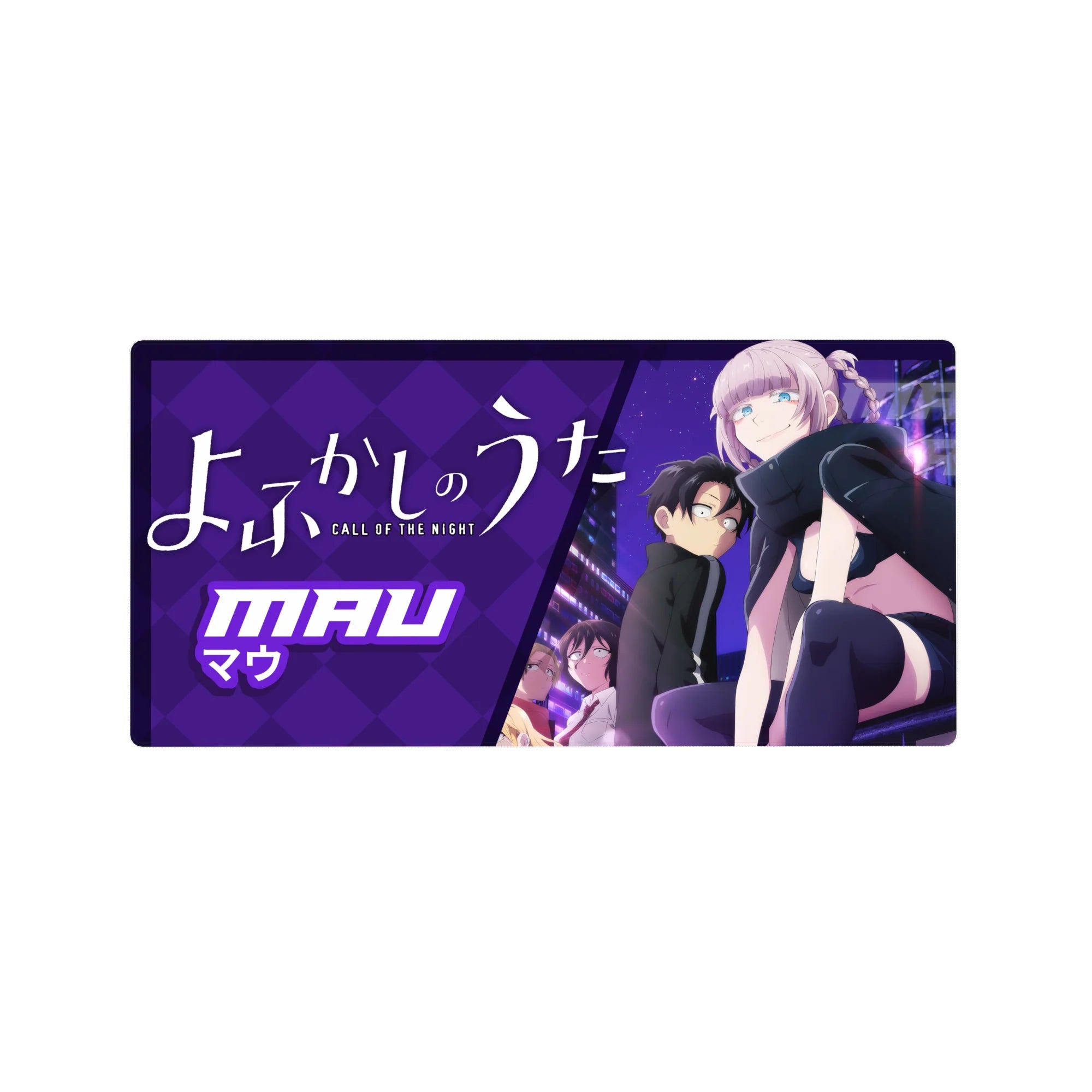 32x16 inches anime girl mouse pad with neon night city art, purple diamond backdrop, and sleek black outfit.