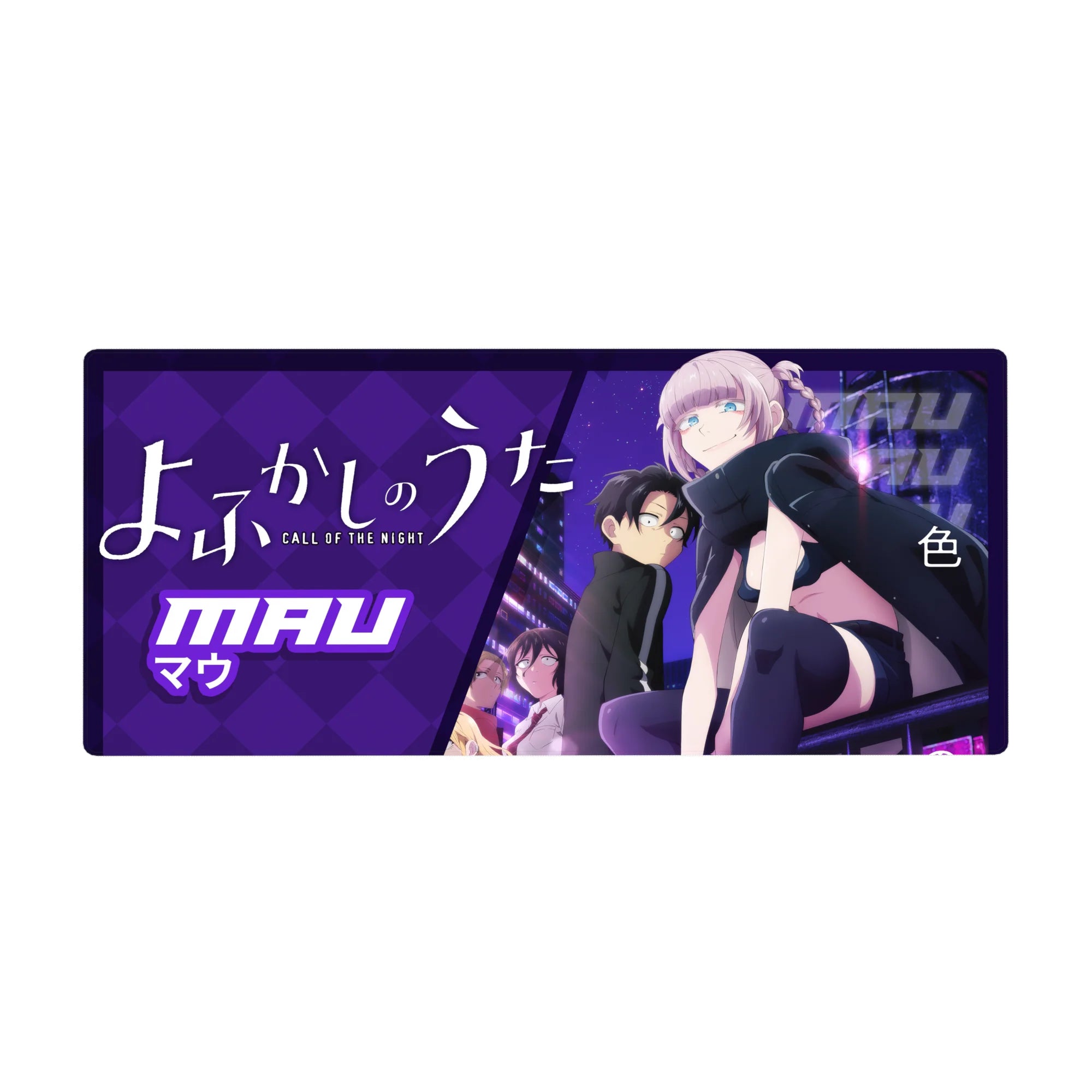 Call of the Night anime girl desk pad 36x16 inches with Mau, neon signage, scarf, and purple diamond backdrop.