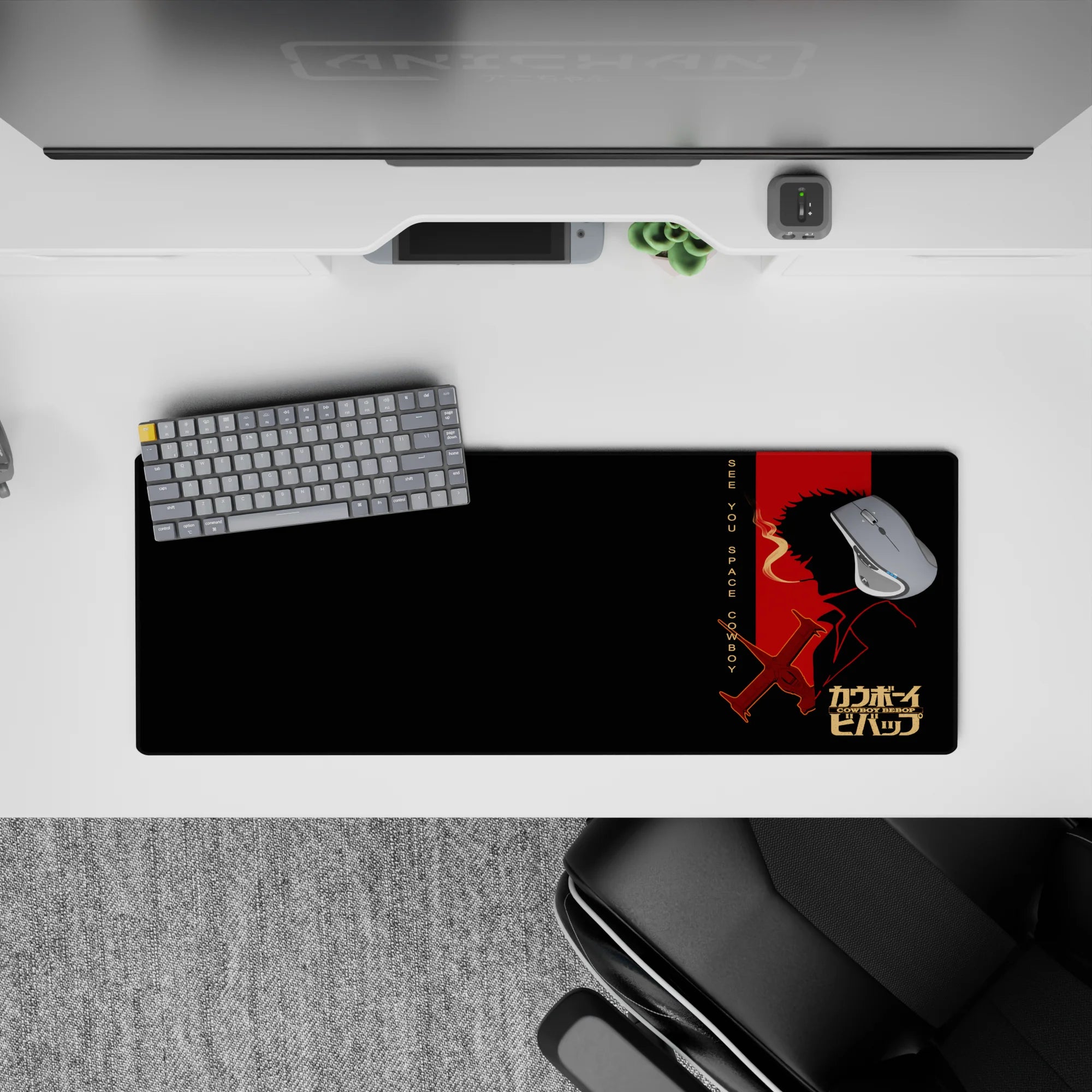 Cowboy Bebop anime mouse pad 32x12 inches featuring Spike Spiegel silhouette, Swordfish II, and &quot;See You Space Cowboy&quot; text.