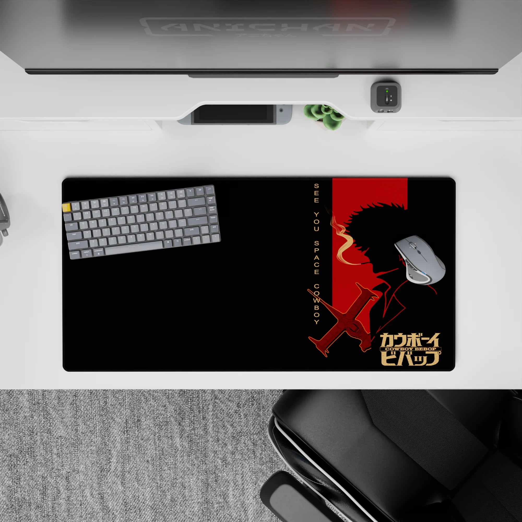 Anime mouse pad 32x16 inches featuring Cowboy Bebop&#39;s Spike Spiegel silhouette, neon &quot;See You Space Cowboy&quot; text and Swordfish II.