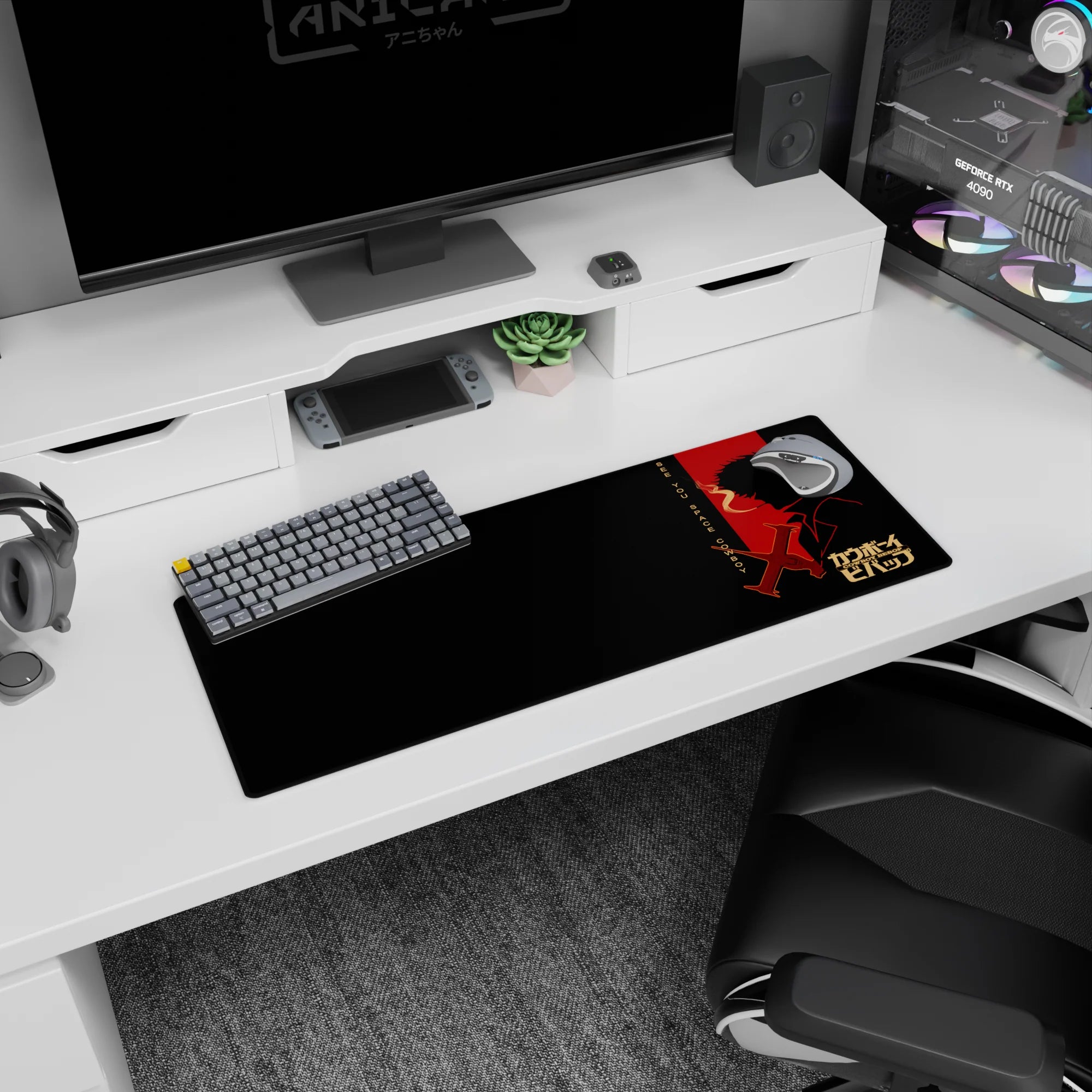 Anime mouse pad 32x12 inches featuring Cowboy Bebop&#39;s Spike Spiegel silhouette with neon &quot;See You Space Cowboy&quot; text.