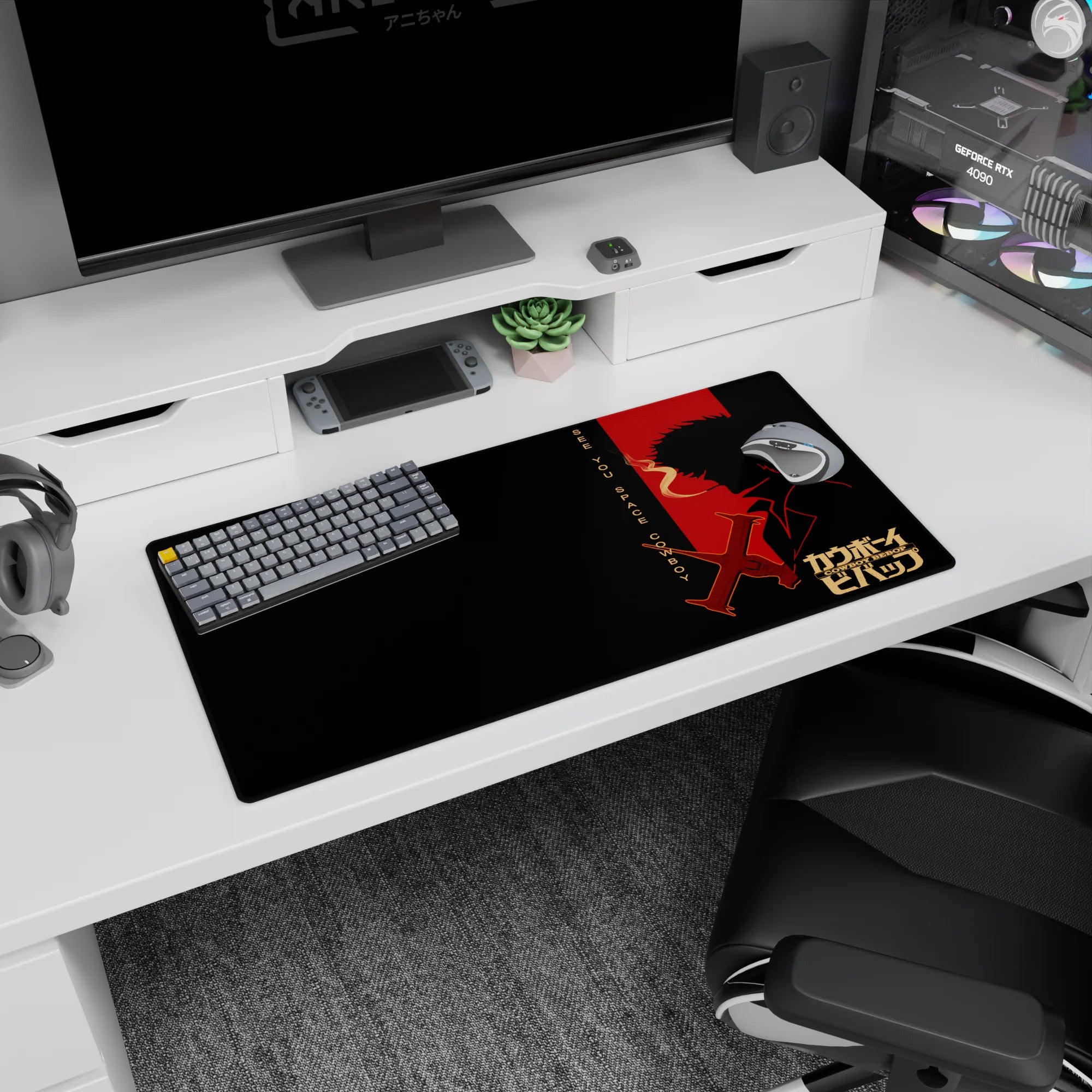 Cowboy Bebop 32x16 inch mouse pad showcasing Spike Spiegel&#39;s silhouette with Swordfish II, &quot;See You Space Cowboy&quot; text.