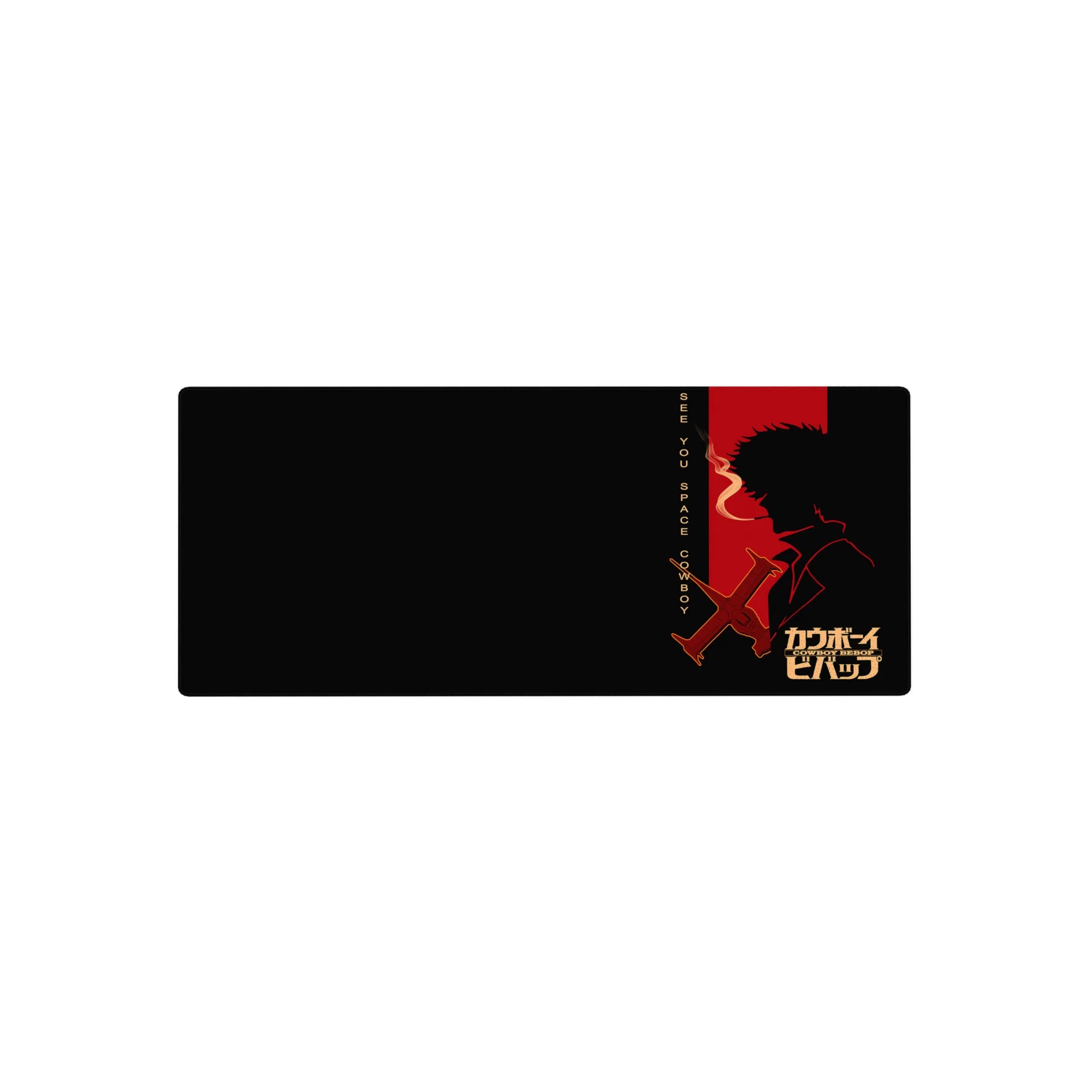 Anime mouse pad 28x12 inches featuring Spike Spiegel silhouette from Cowboy Bebop with neon &quot;See You Space Cowboy&quot;.