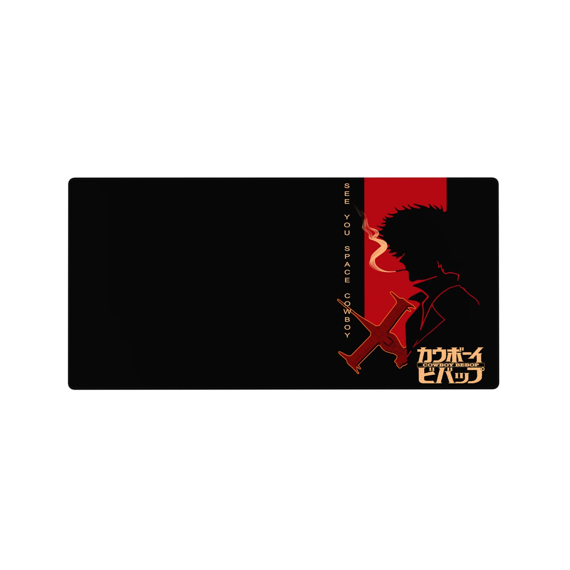 Cowboy Bebop mouse pad 32x16 inches featuring Spike Spiegel&#39;s silhouette, Swordfish II, and &quot;See You Space Cowboy&quot; text.