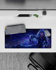28x12 inches anime mouse pad in indigo and violet cosmic night tones with icy highlights, calm focus vibe.