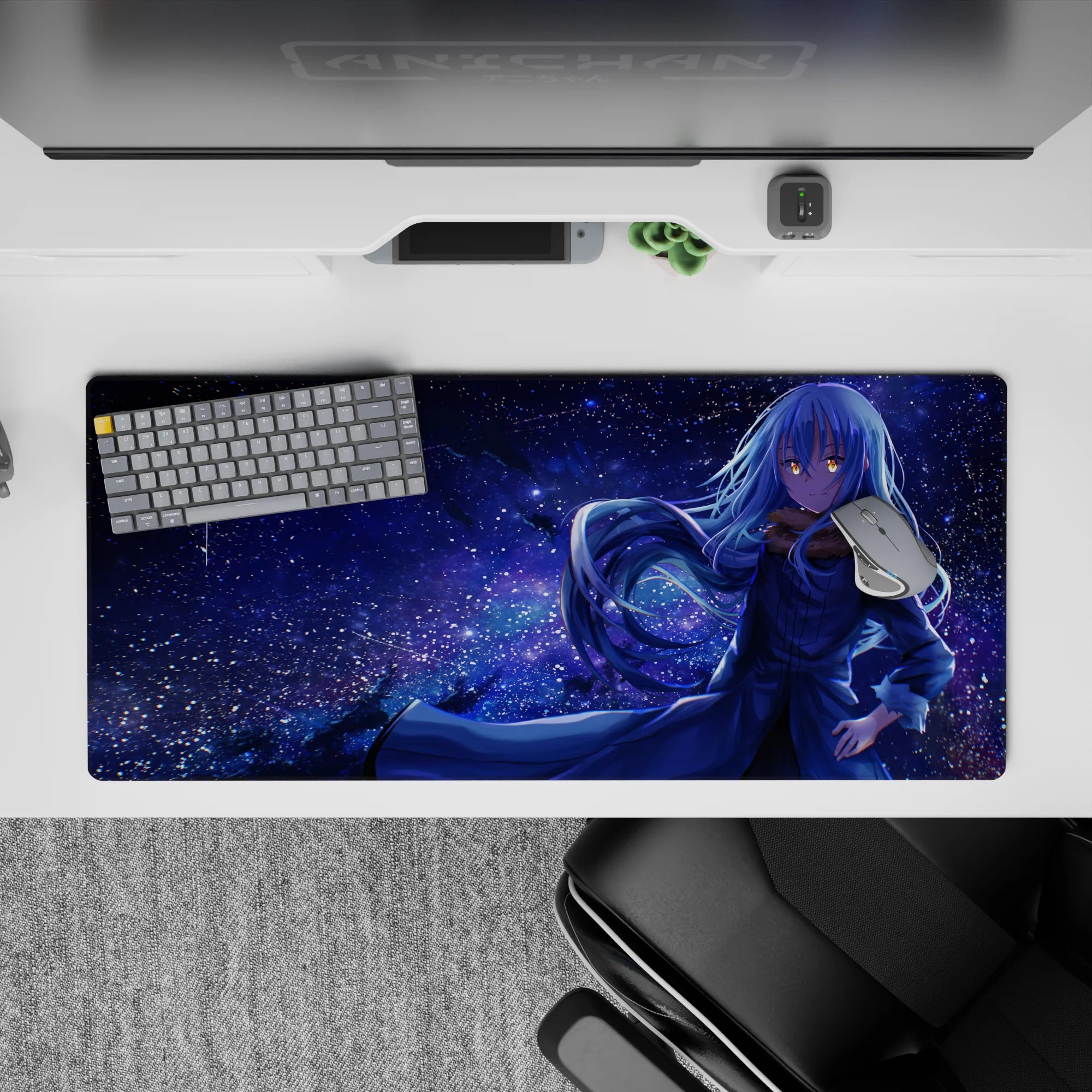 Cosmic indigo and violet anime desk pad 36x16 inches, calm star-drenched mood with icy highlights.