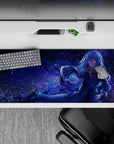 Cosmic indigo and violet anime desk pad 36x16 inches, calm star-drenched mood with icy highlights.