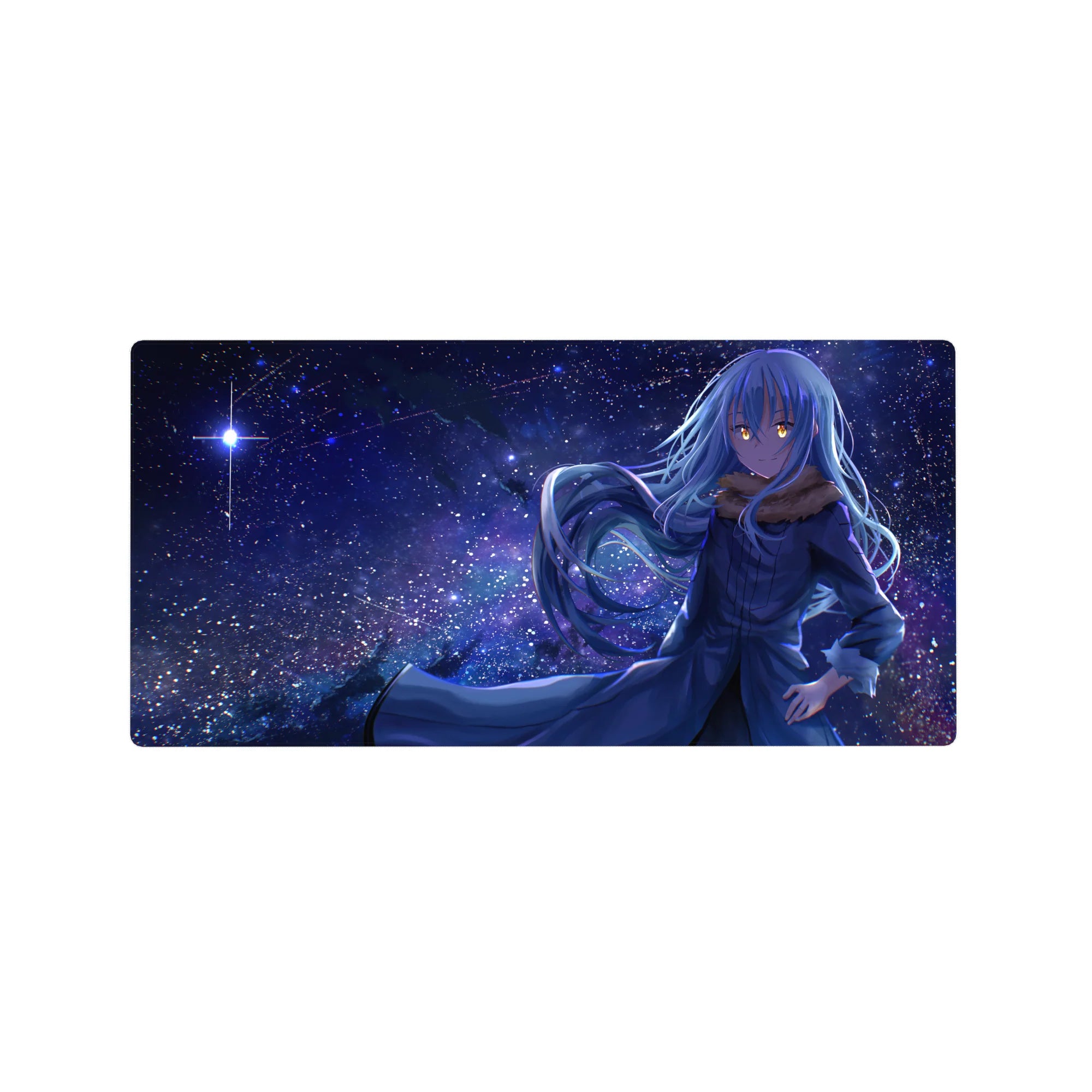 Anime mouse pad 32x16 inches featuring a starry night backdrop and blue-haired heroine in a navy coat.