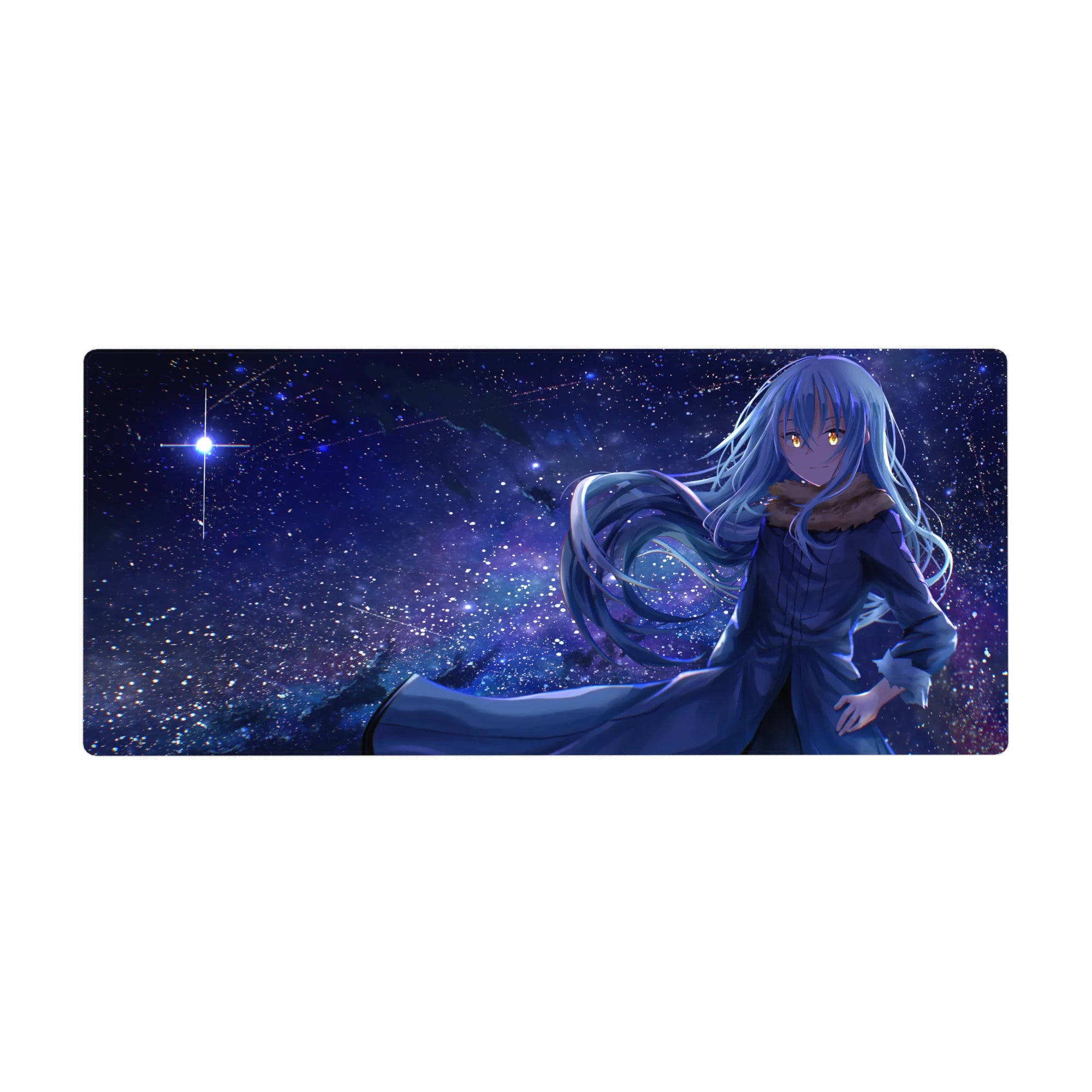 Anime desk pad 36x16 inches with blue-haired heroine under a starry galaxy night, bold hand-on-hip pose.