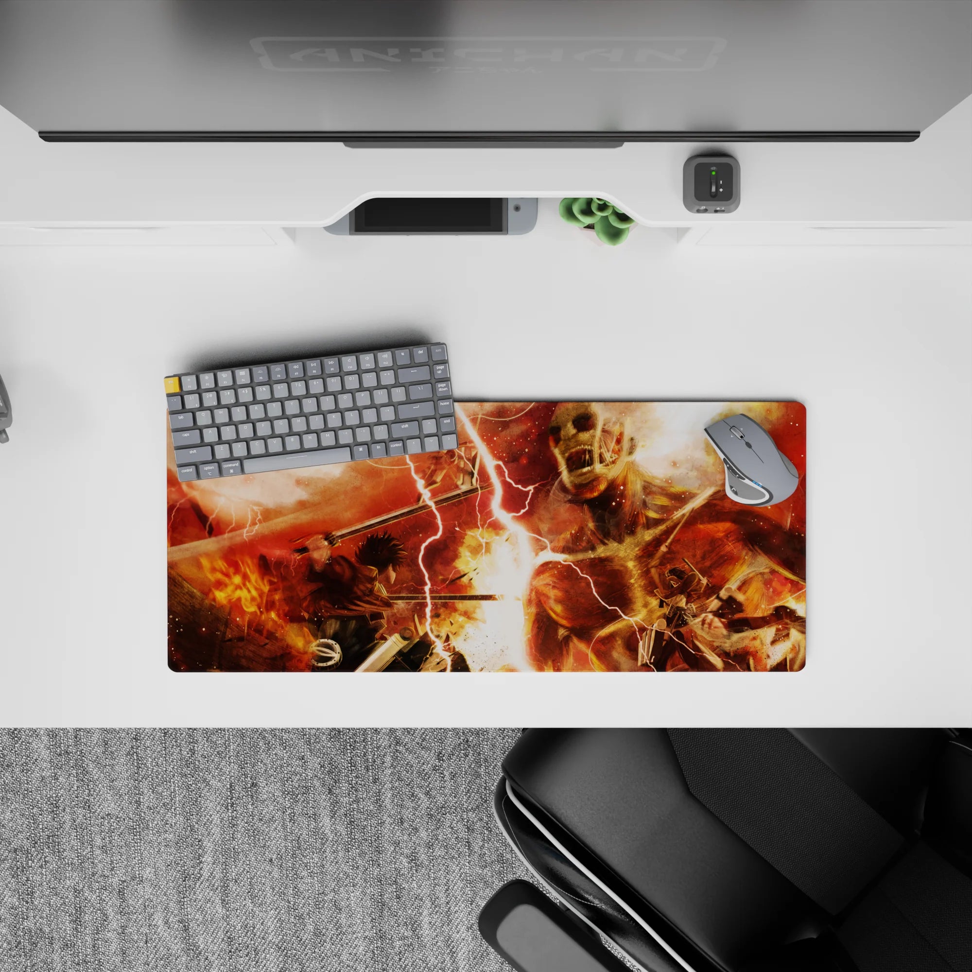 28x12 inches mouse pad with fiery reds, brutal combat, and titan chaos for an intense Attack on Titan vibe.