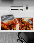 32x12 inches mouse pad featuring Attack on Titan, with fiery reds and brutal combat for a high-energy, chaotic atmosphere.