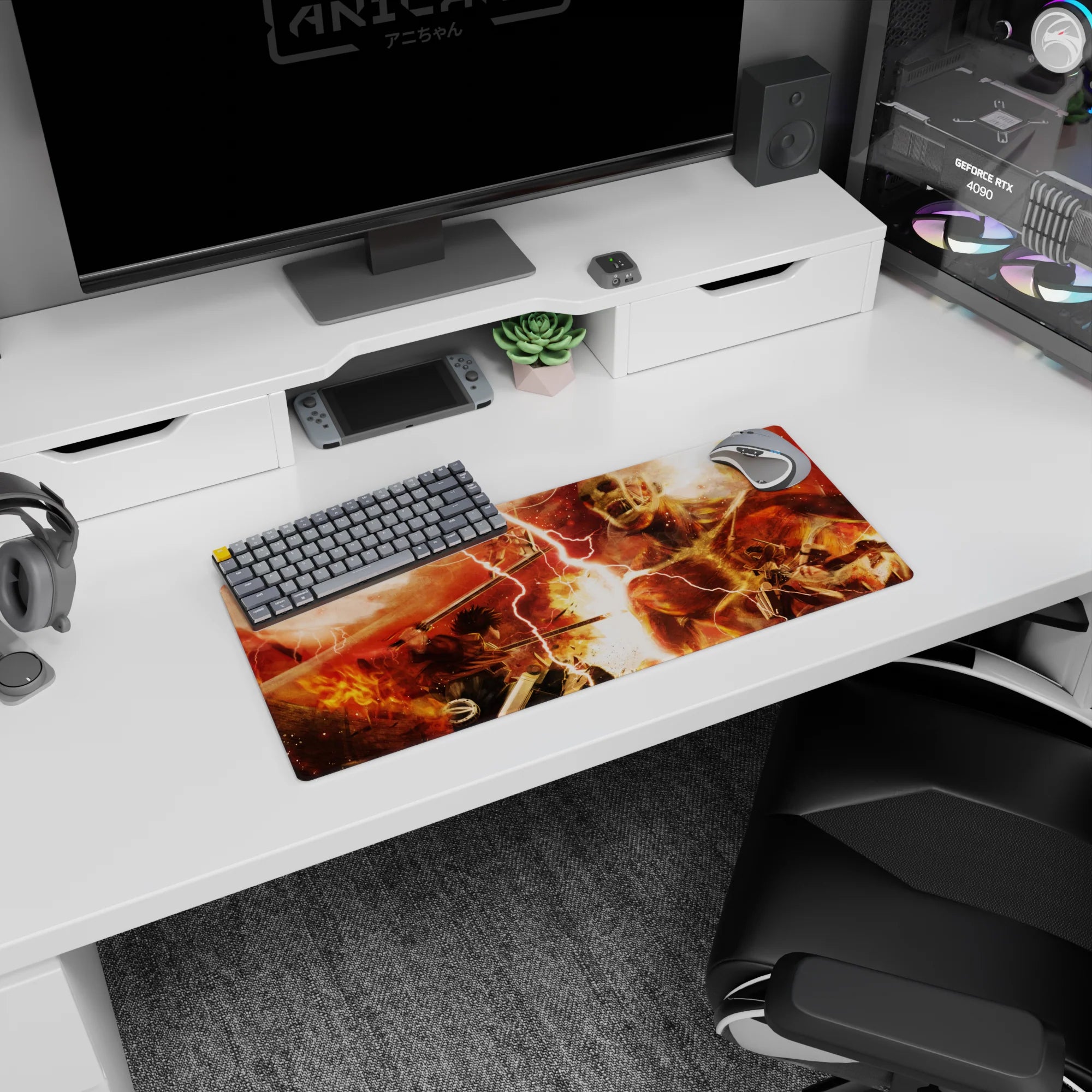 My Hero Academia mouse pad, 28x12 inches, featuring Attack on Titan with fiery reds and titan chaos for an action-packed look.