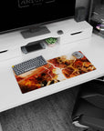 My Hero Academia mouse pad, 28x12 inches, featuring Attack on Titan with fiery reds and titan chaos for an action-packed look.