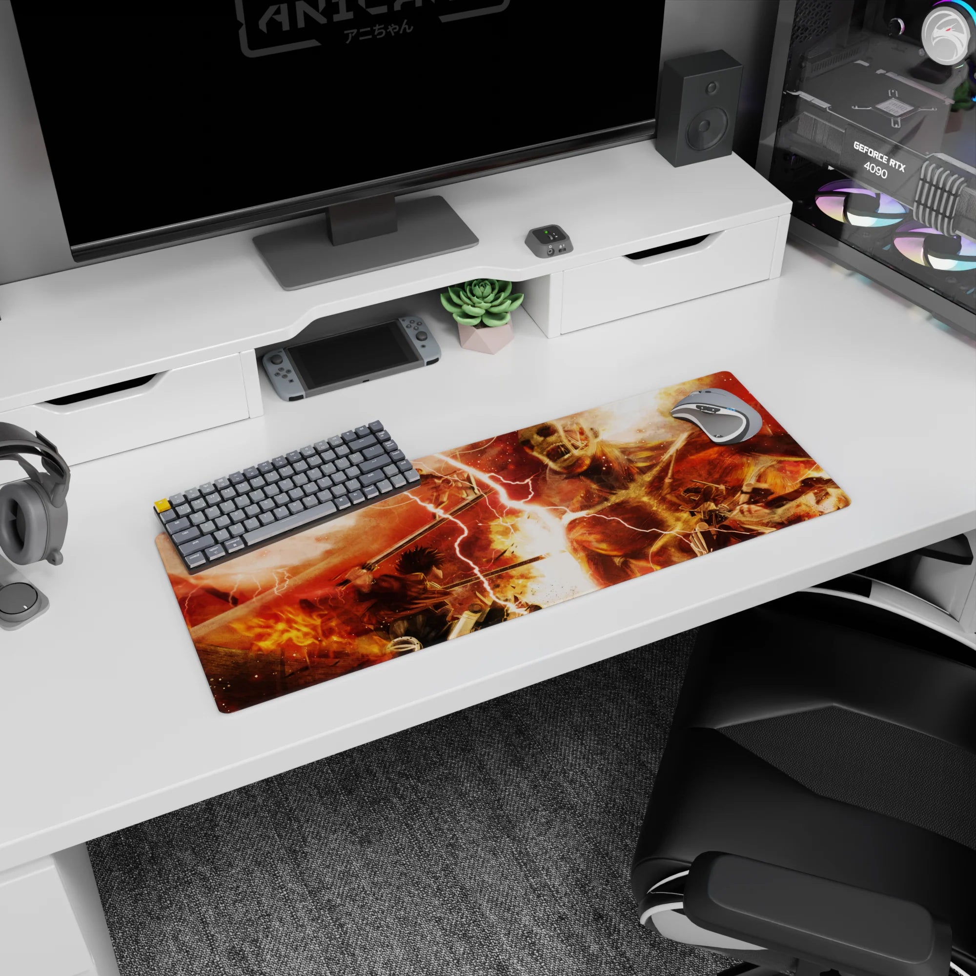 Artistic 32x12 inches mouse pad with Attack on Titan, fiery reds, and titan chaos for an action-packed, explosive tribute.