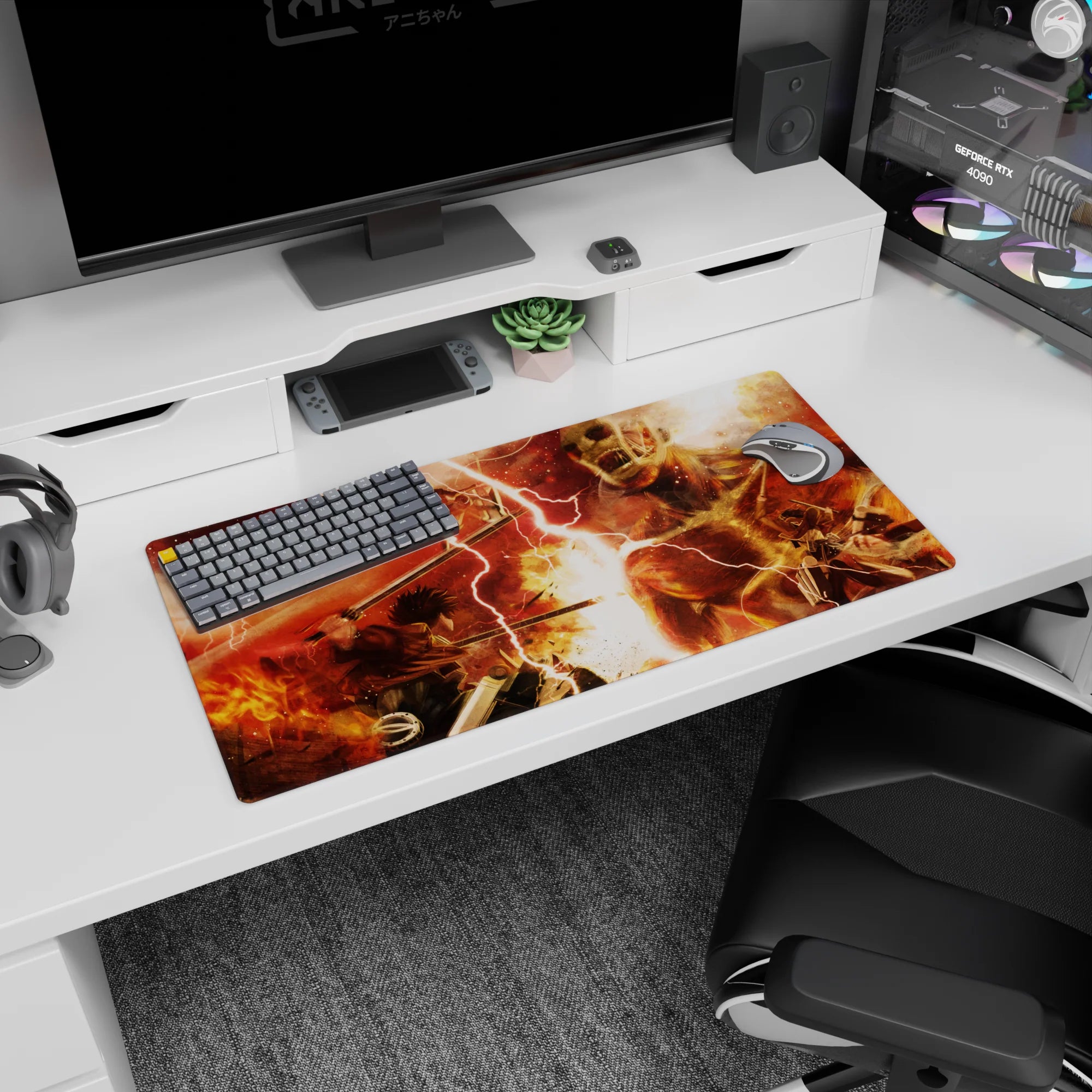 Modern 32x16 inches mouse pad featuring Attack on Titan, fiery reds, and titan chaos for an explosive, action-packed design.