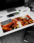 Artistic 36x16 inches mouse pad featuring Attack on Titan, with fiery reds and brutal combat for an action-filled, chaotic look.