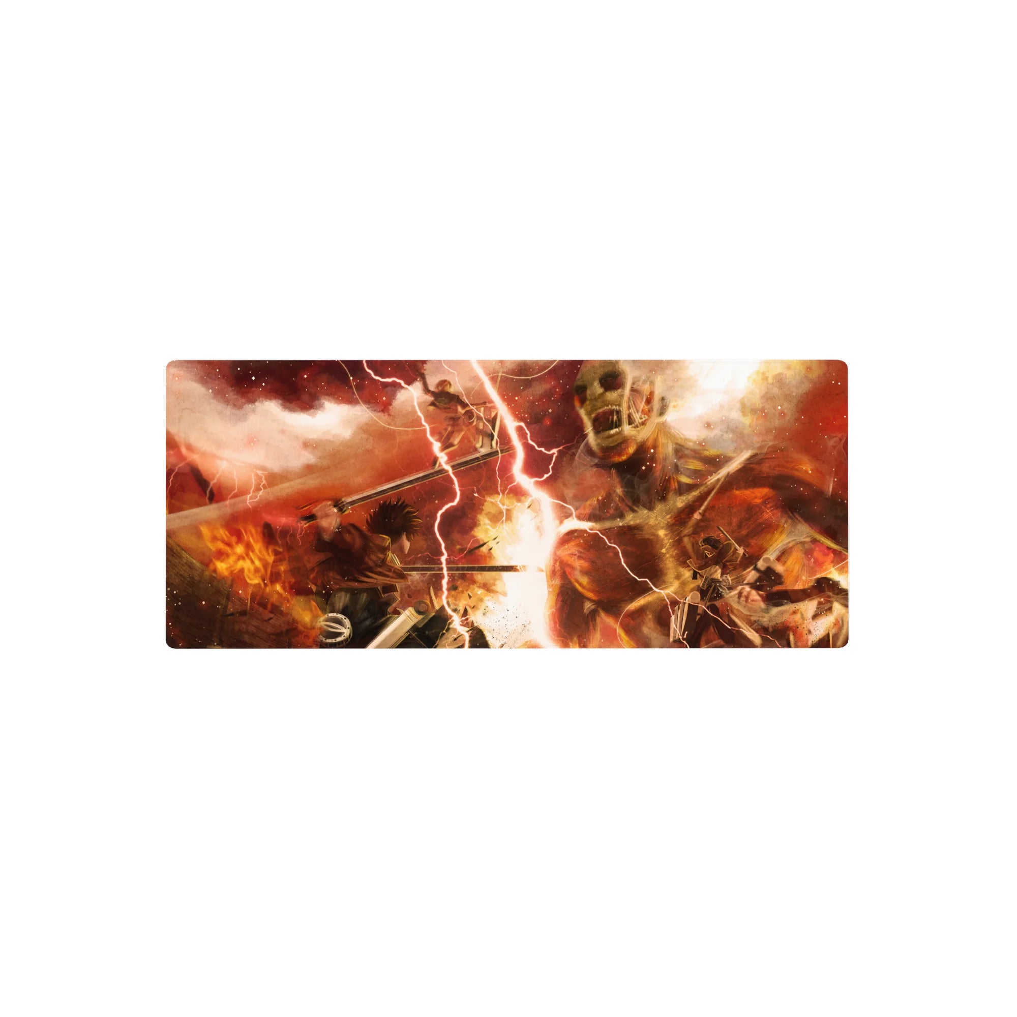 Mouse pad featuring Attack on Titan, 28x12 inches, with fiery reds, titan chaos, and brutal combat for a dramatic anime design.