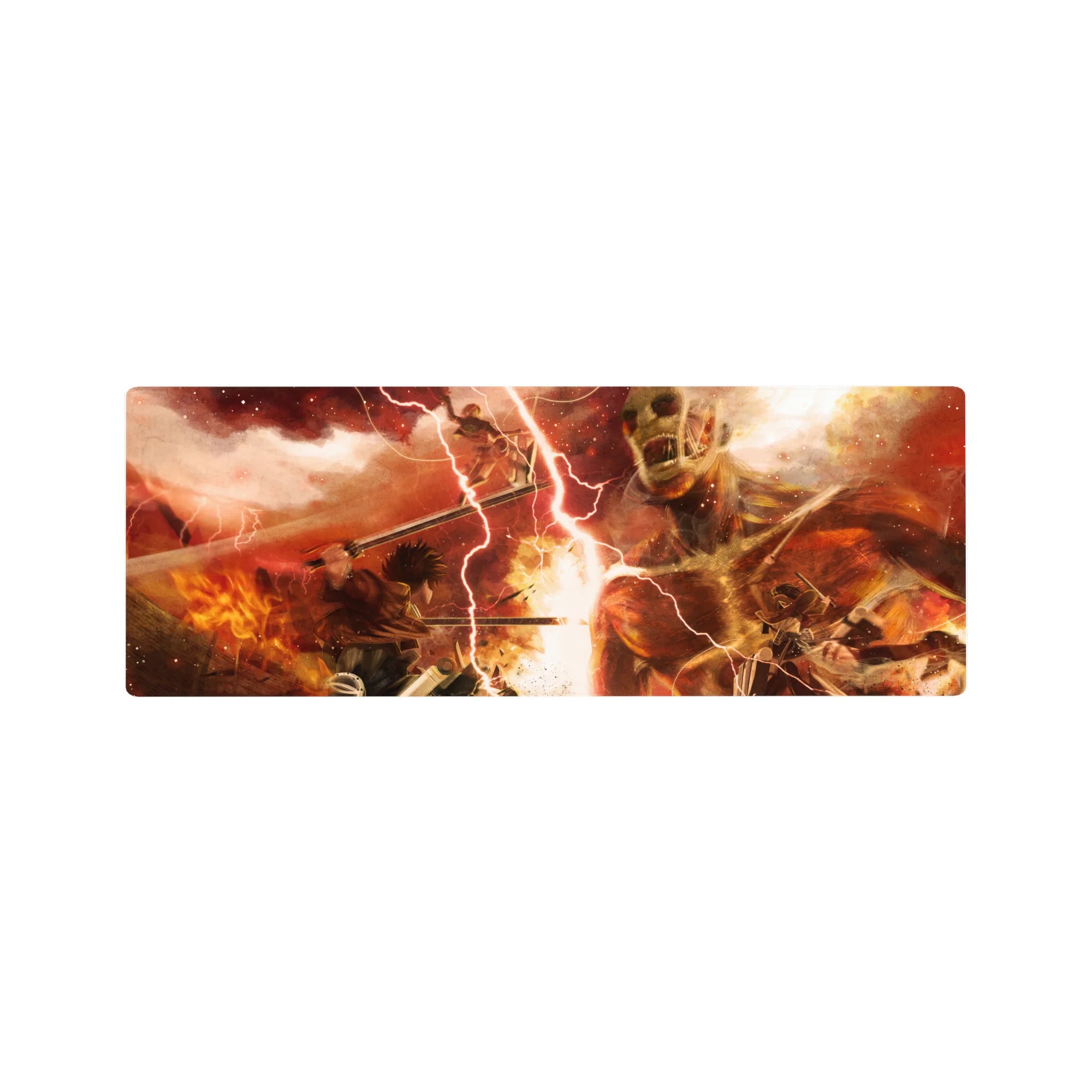 Compact 32x12 inches mouse pad with fiery reds, brutal combat, and titan chaos for an intense Attack on Titan-inspired look.