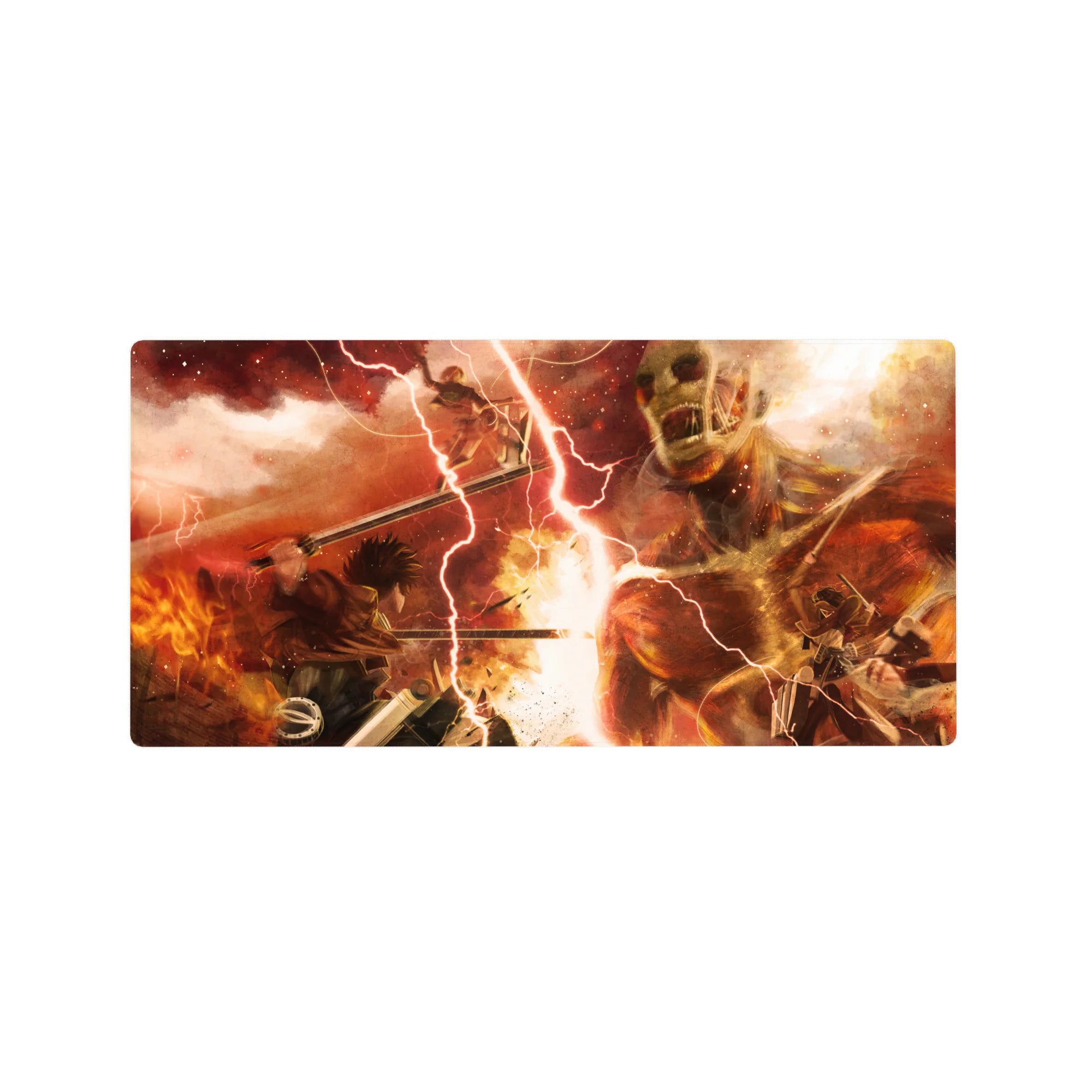 Mouse pad with Attack on Titan, 32x16 inches, with fiery reds, titan chaos, and intense combat for an action-packed anime design.