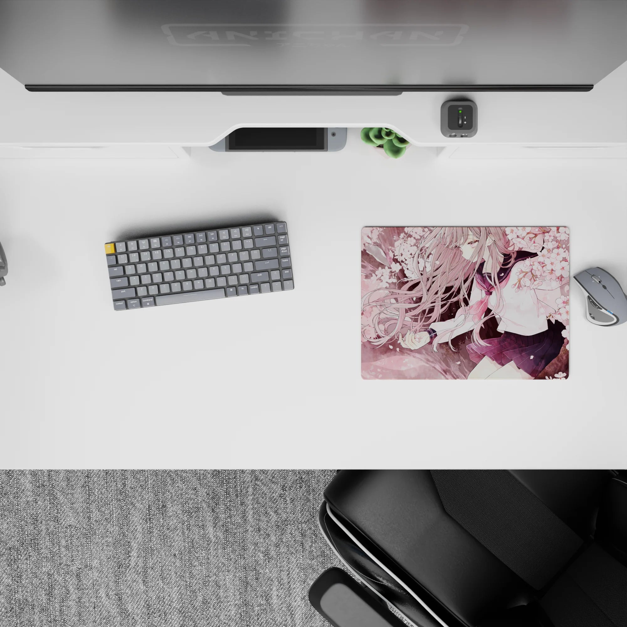 Blush-pink sakura vibe anime girl mouse pad 14x10 inches, soft petals, calm romantic desk aesthetic.
