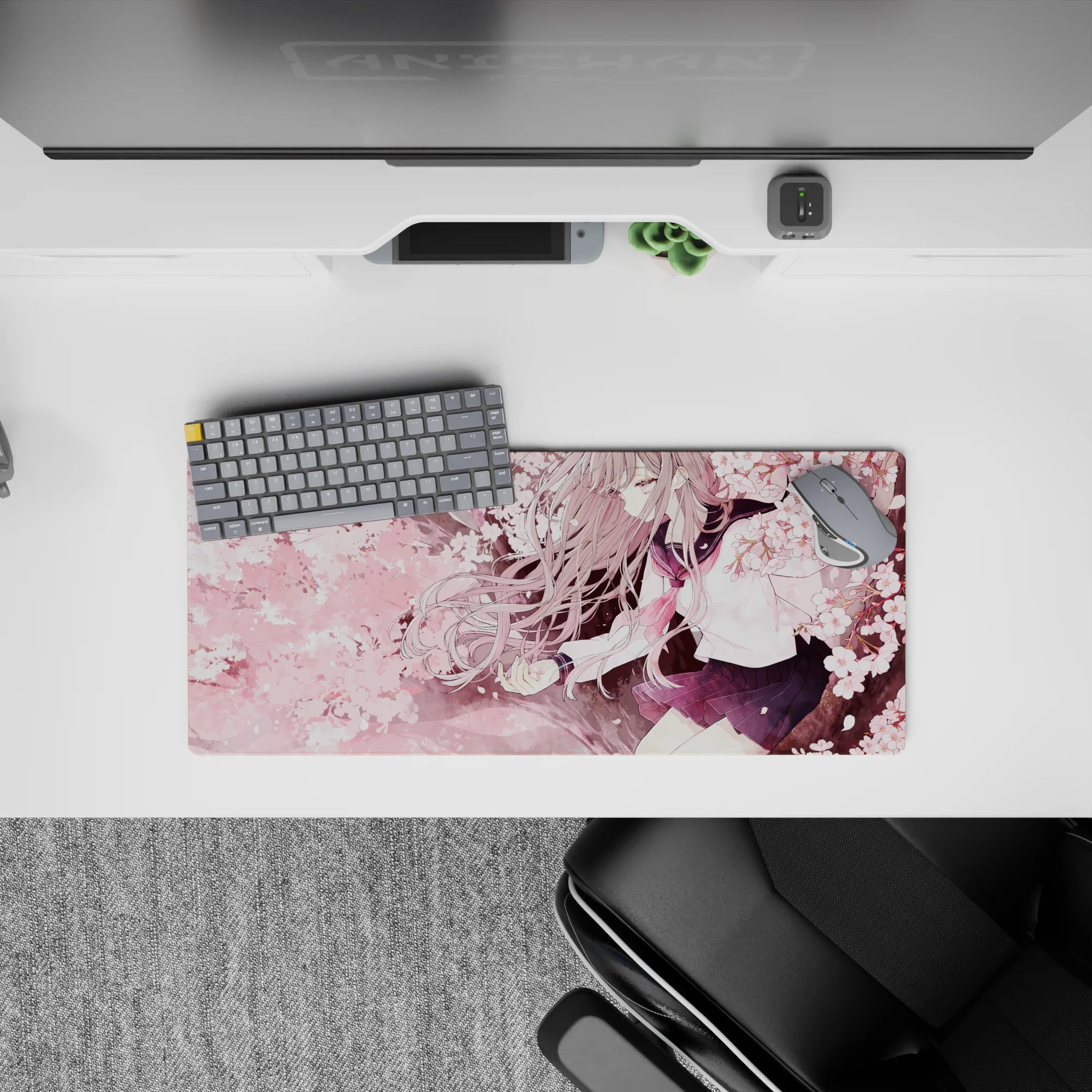 Pink sky sakura anime girl mouse pad 28x12 inches, calm cozy vibe with warm highlights and smooth glide.