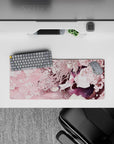 Pink sky sakura anime girl mouse pad 28x12 inches, calm cozy vibe with warm highlights and smooth glide.