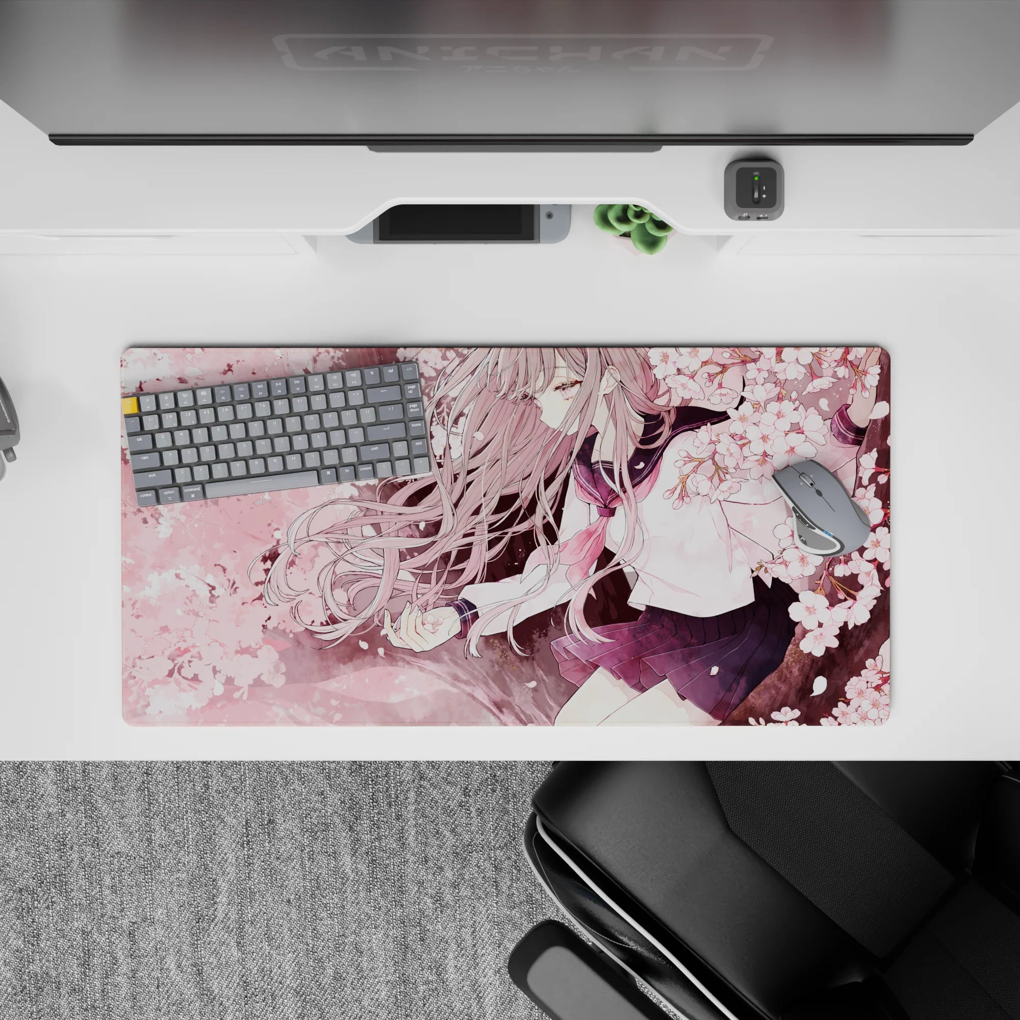 Blush-pink sakura sky anime girl mouse pad 32x16 inches, calm cozy vibe with warm highlights and linework.