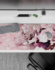 Blush-pink sakura desk pad 36x16 inches, calm cozy anime aesthetic with warm highlights and smooth glide.