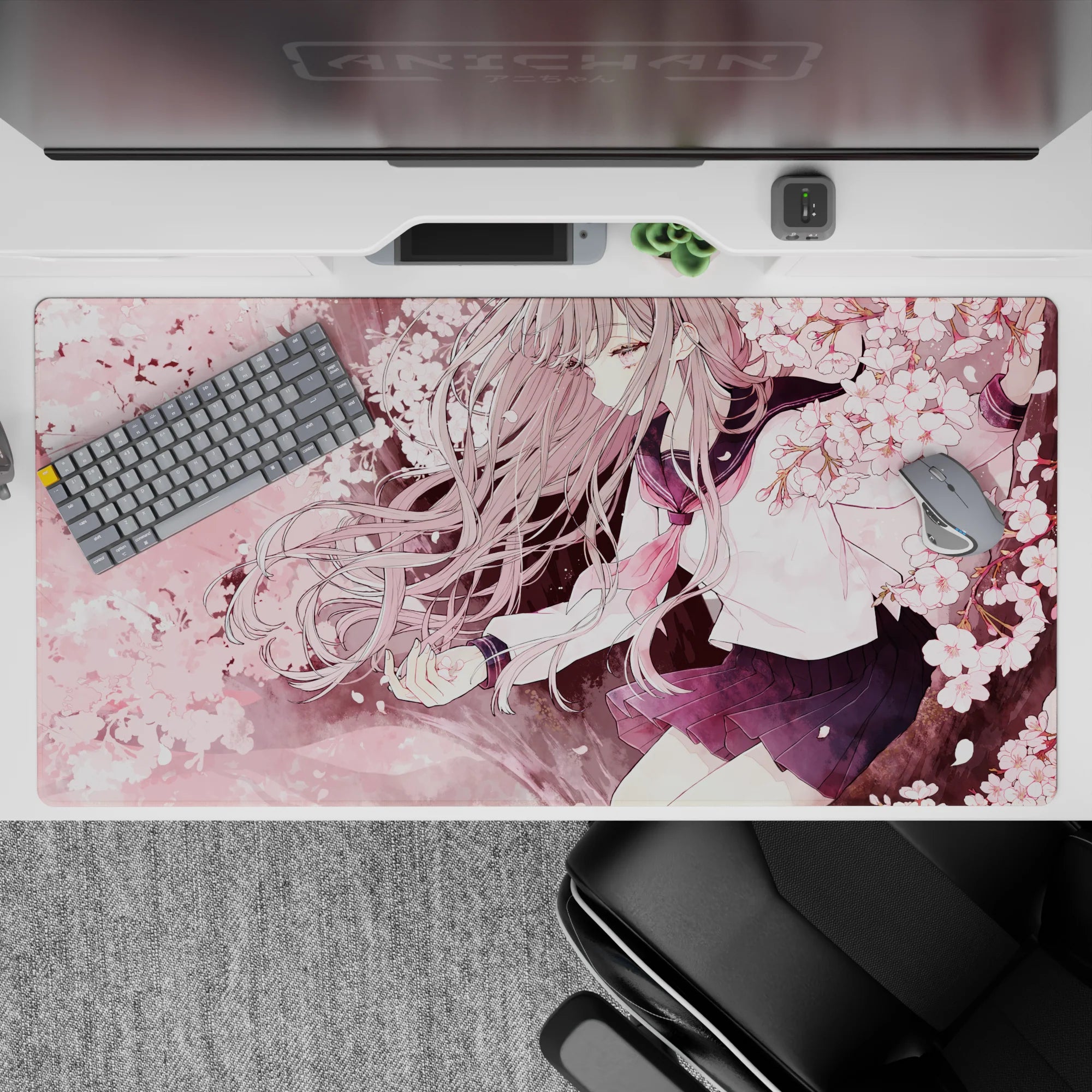 Blush-pink sakura sky anime desk pad 40x20 inches, warm highlights and calm, cozy romance vibe.