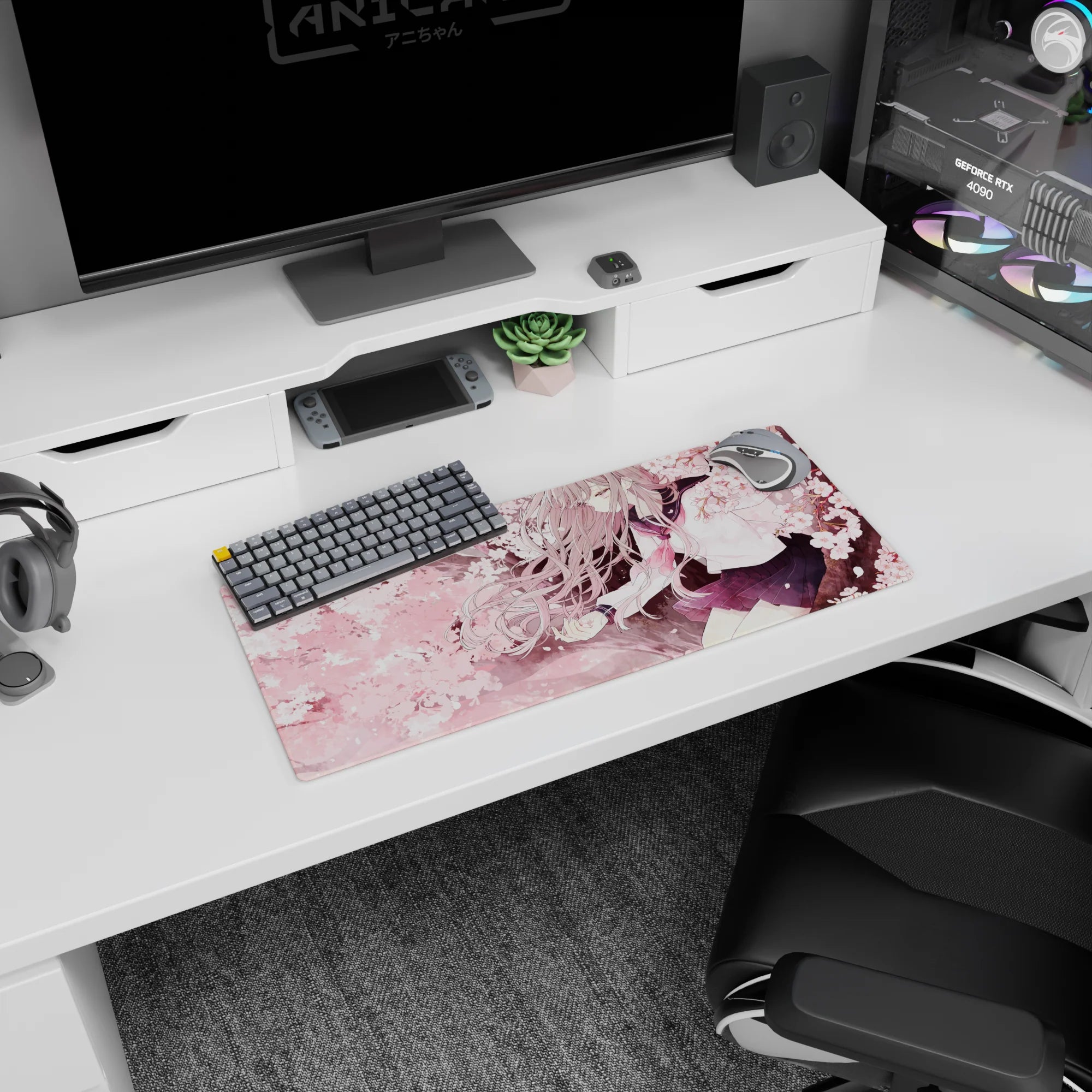 Schoolgirl leans into cherry blossoms, silver hair and navy pleated skirt on anime mouse pad 28x12 inches.
