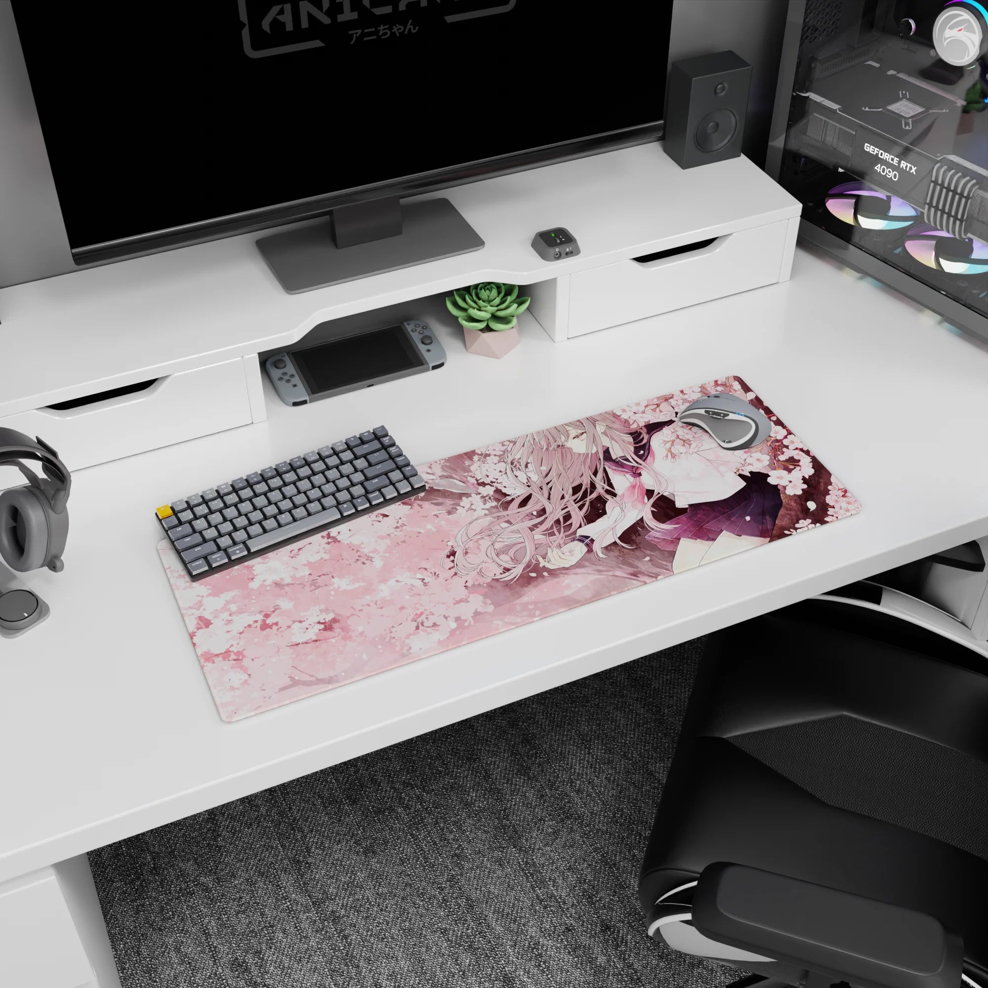 32x12 inches anime girl mouse pad showing silver-haired schoolgirl leaning into cherry blossoms.