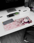 32x12 inches anime girl mouse pad showing silver-haired schoolgirl leaning into cherry blossoms.