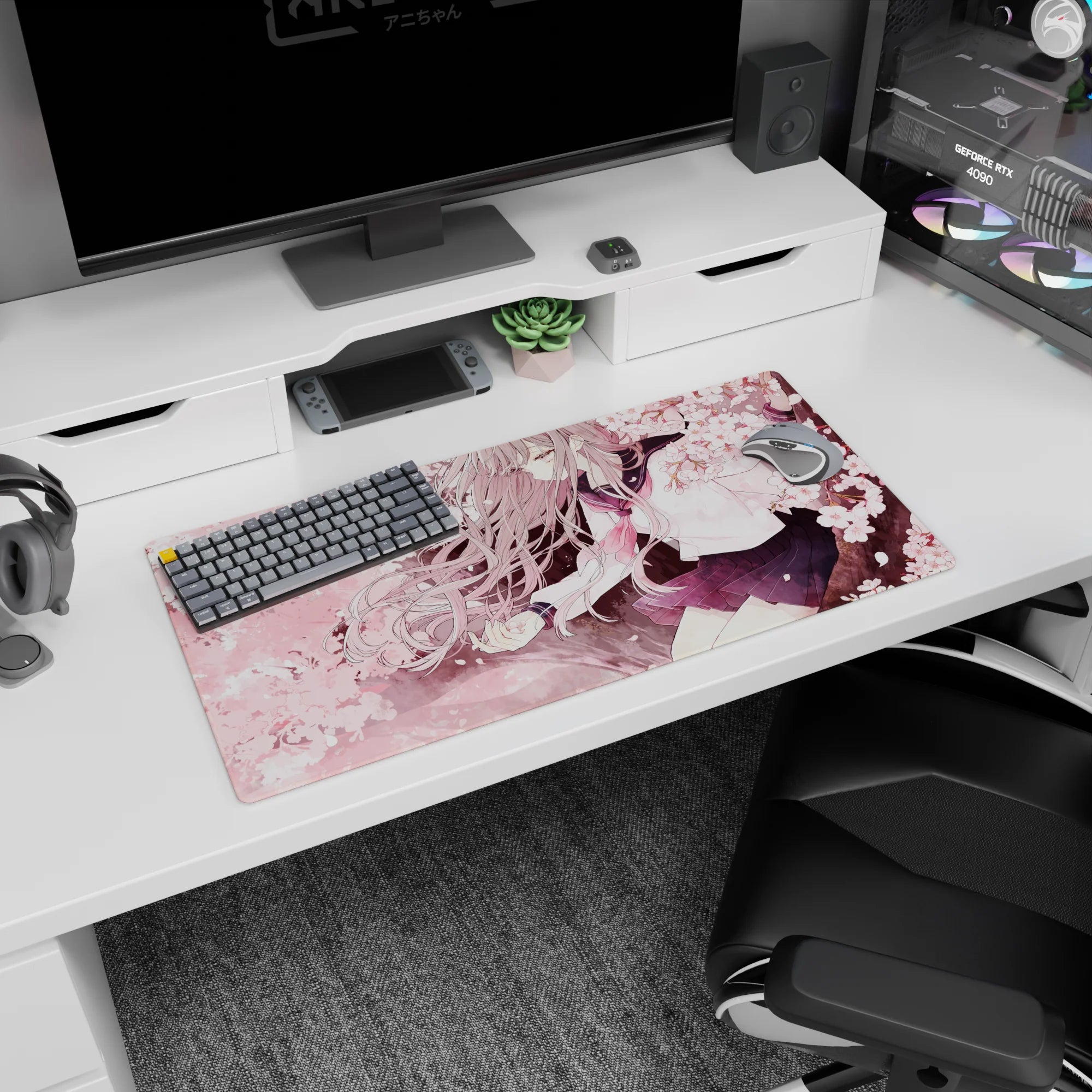 Schoolgirl leans into cherry blossoms, silver hair ribbons flowing on anime girl mouse pad 32x16 inches.