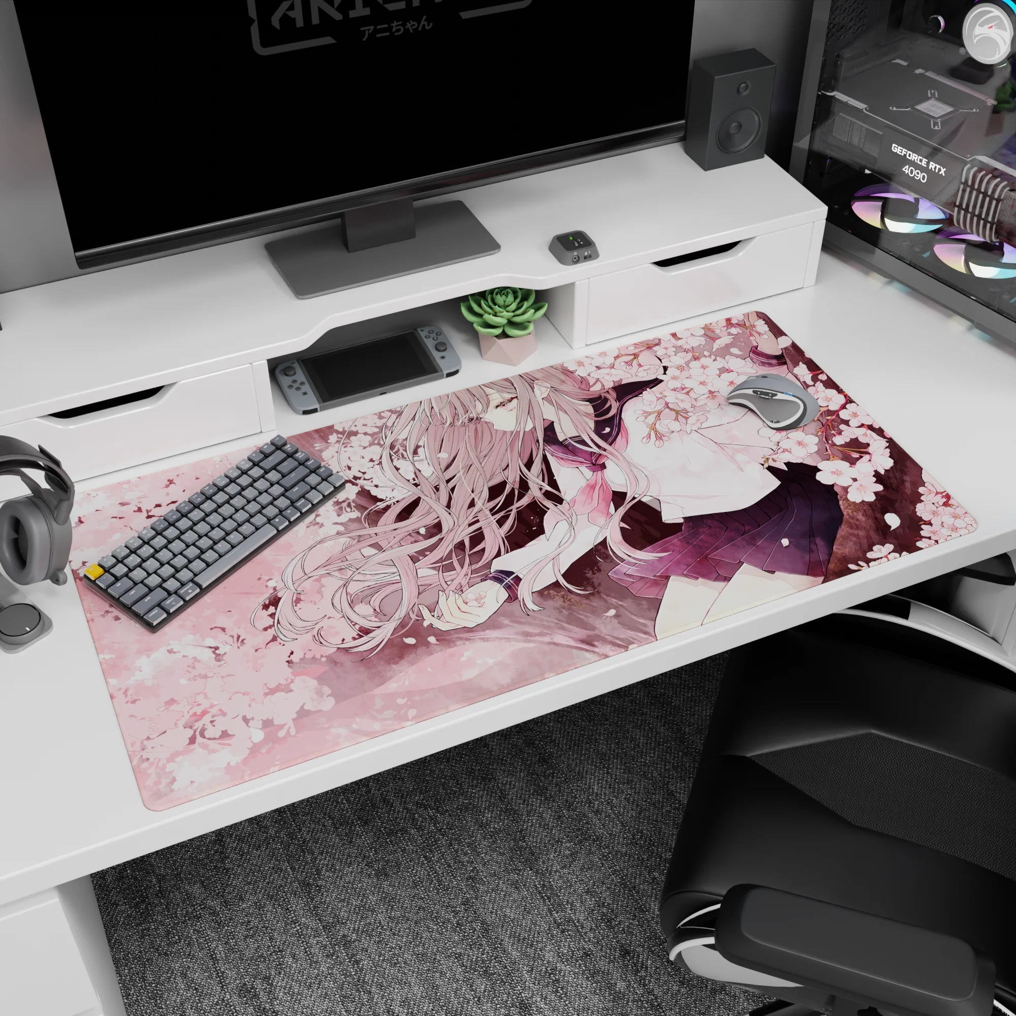 Silver-haired schoolgirl leans into cherry blossoms, navy pleated skirt on a 40x20 inches desk pad.