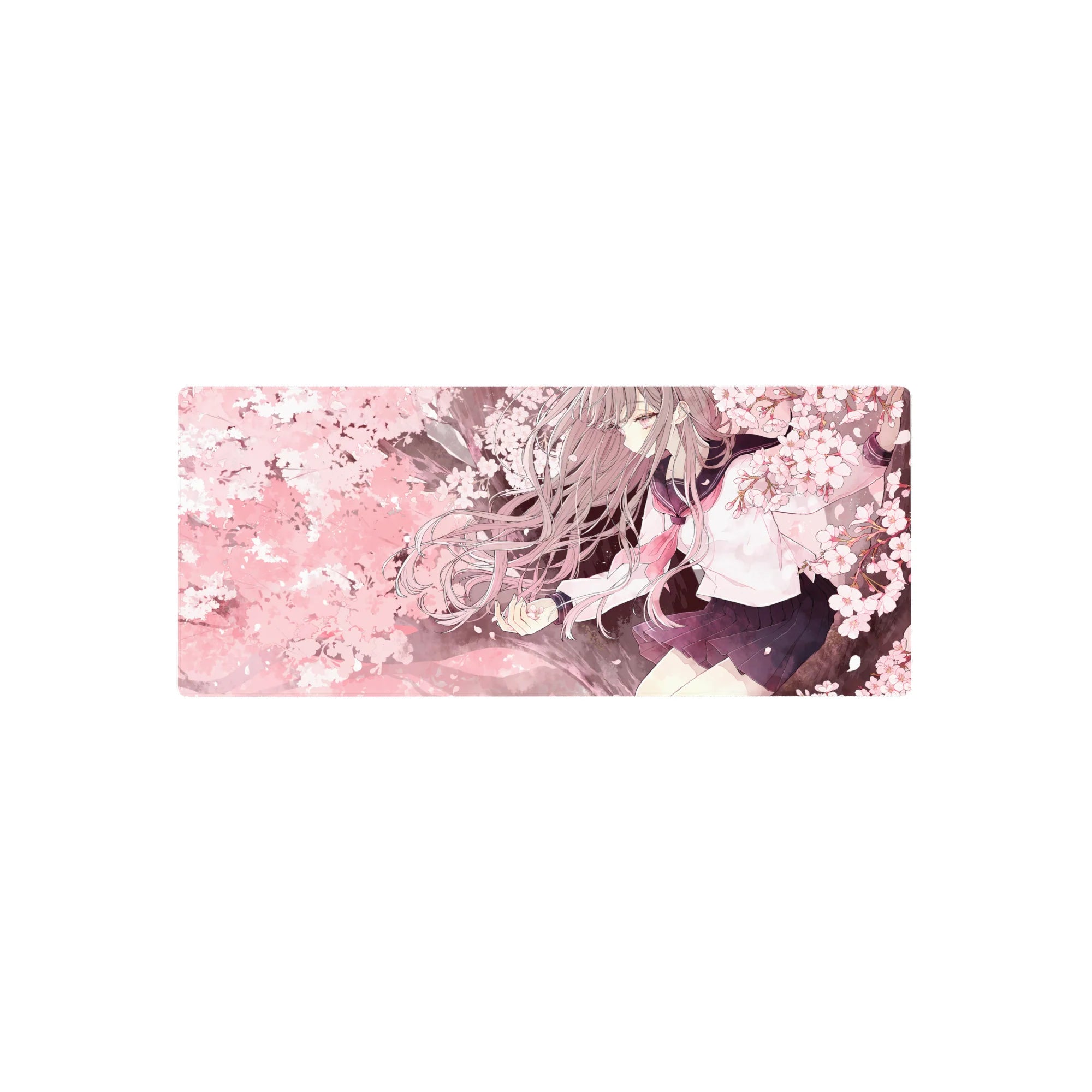 Anime girl mouse pad 28x12 inches with sailor uniform schoolgirl and cherry blossom petal swirl design.
