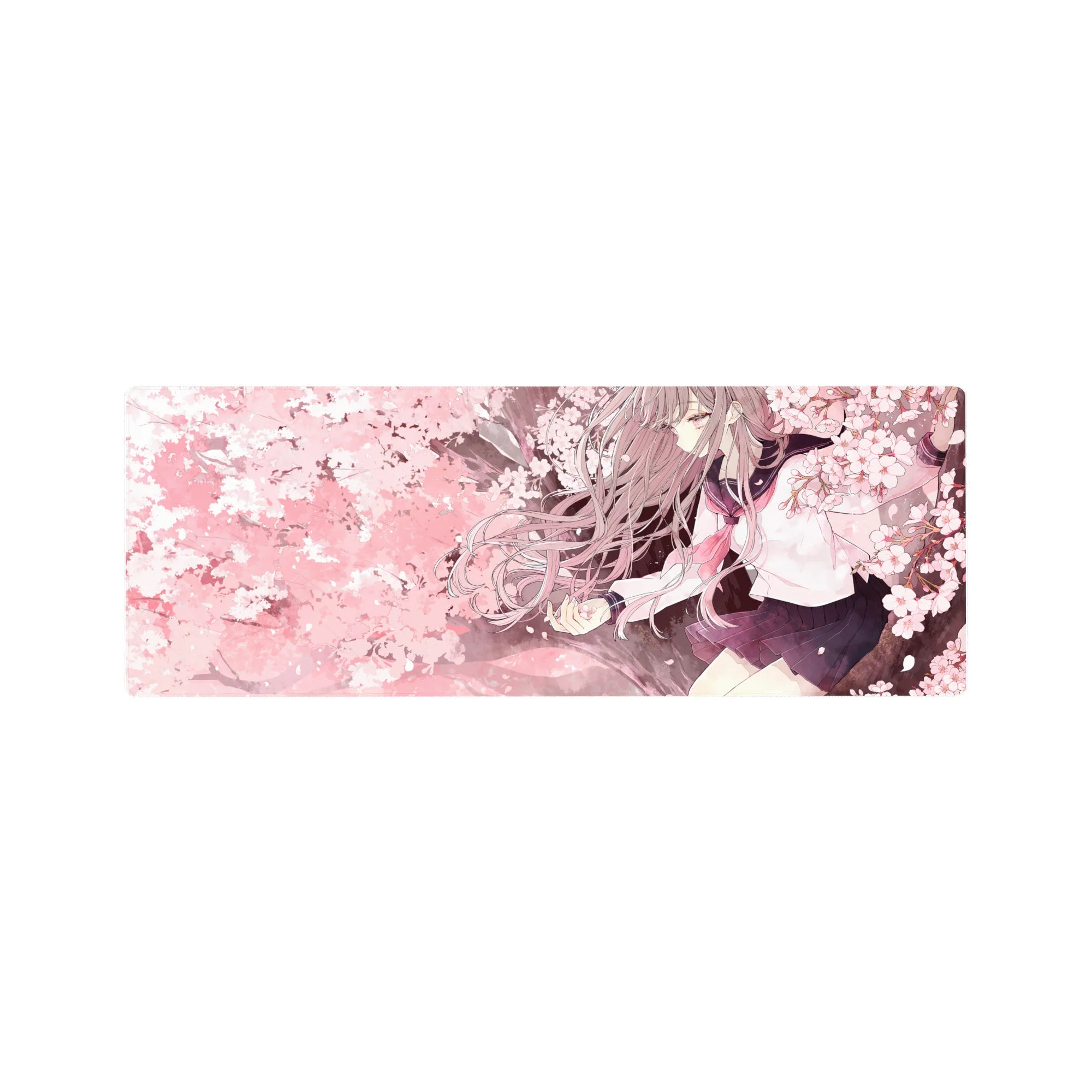 32x12 inches anime girl mouse pad with schoolgirl and cherry blossoms, sailor uniform, soft petals.
