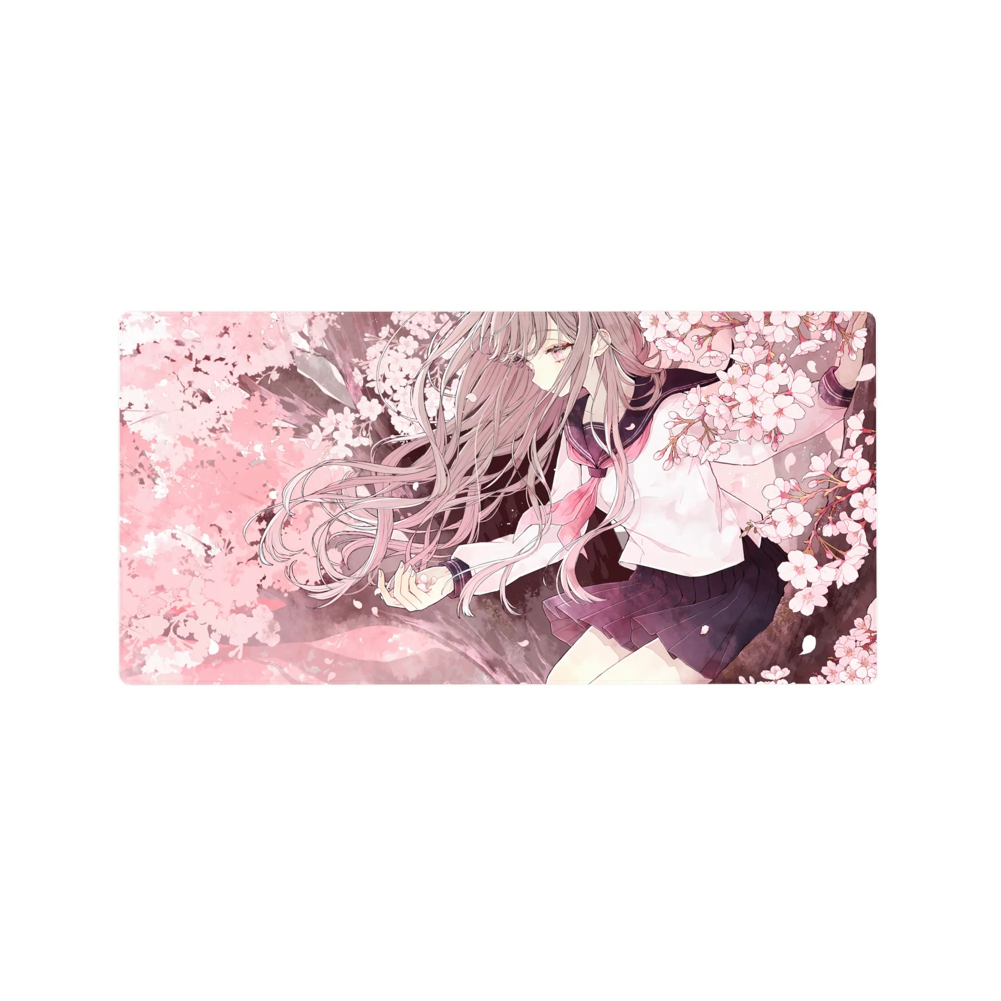 Anime girl mouse pad 32x16 inches with schoolgirl in sailor uniform and cherry blossom petals, smooth desk mat.