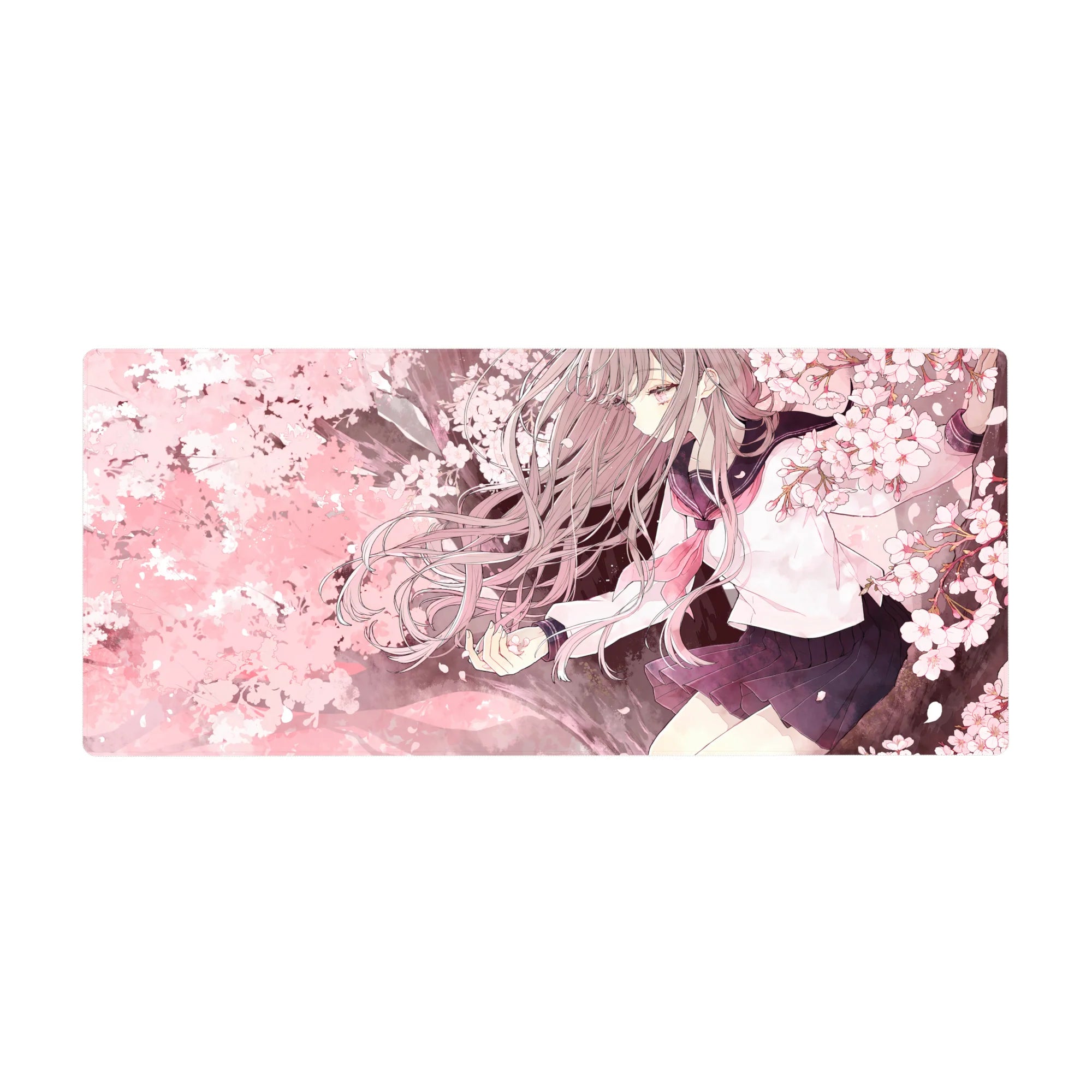 Anime girl desk pad 36x16 inches with schoolgirl in sailor uniform under cherry blossoms, soft petals.