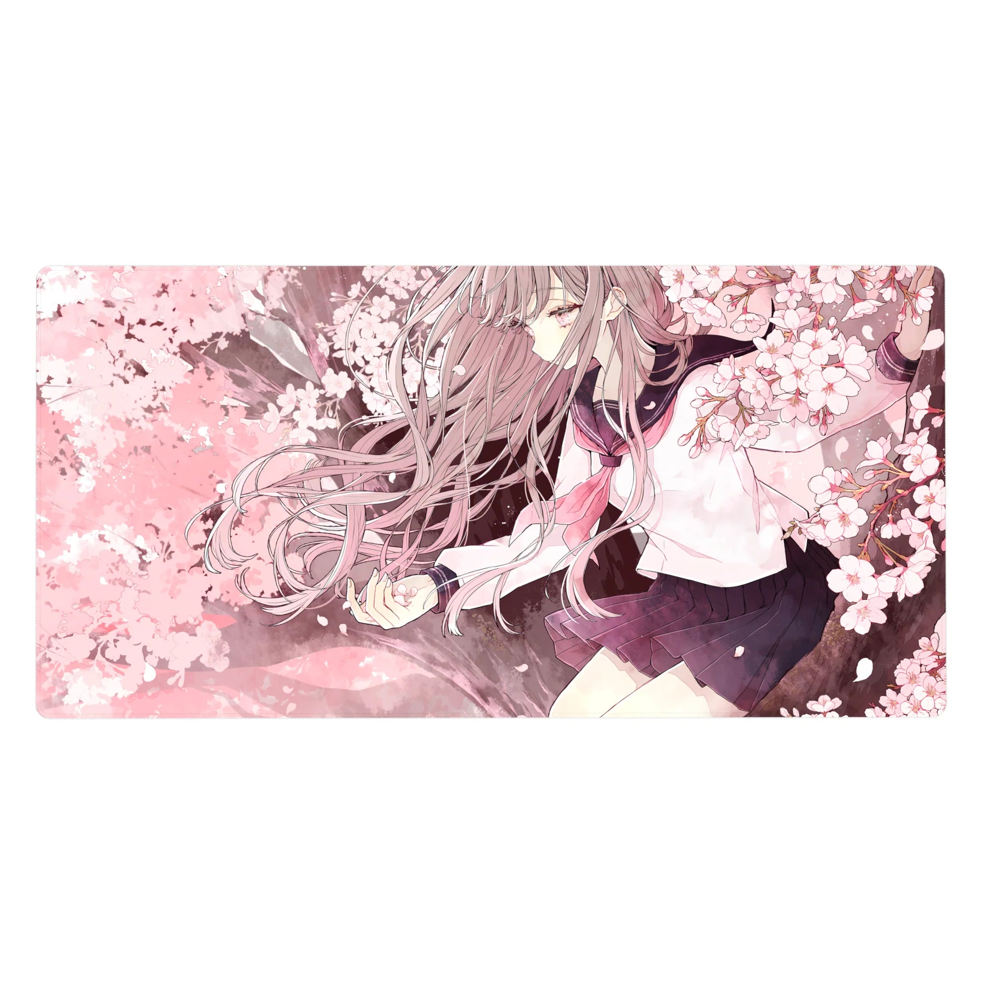 Anime girl desk pad 40x20 inches with sailor uniform schoolgirl under swirling cherry blossom petals.