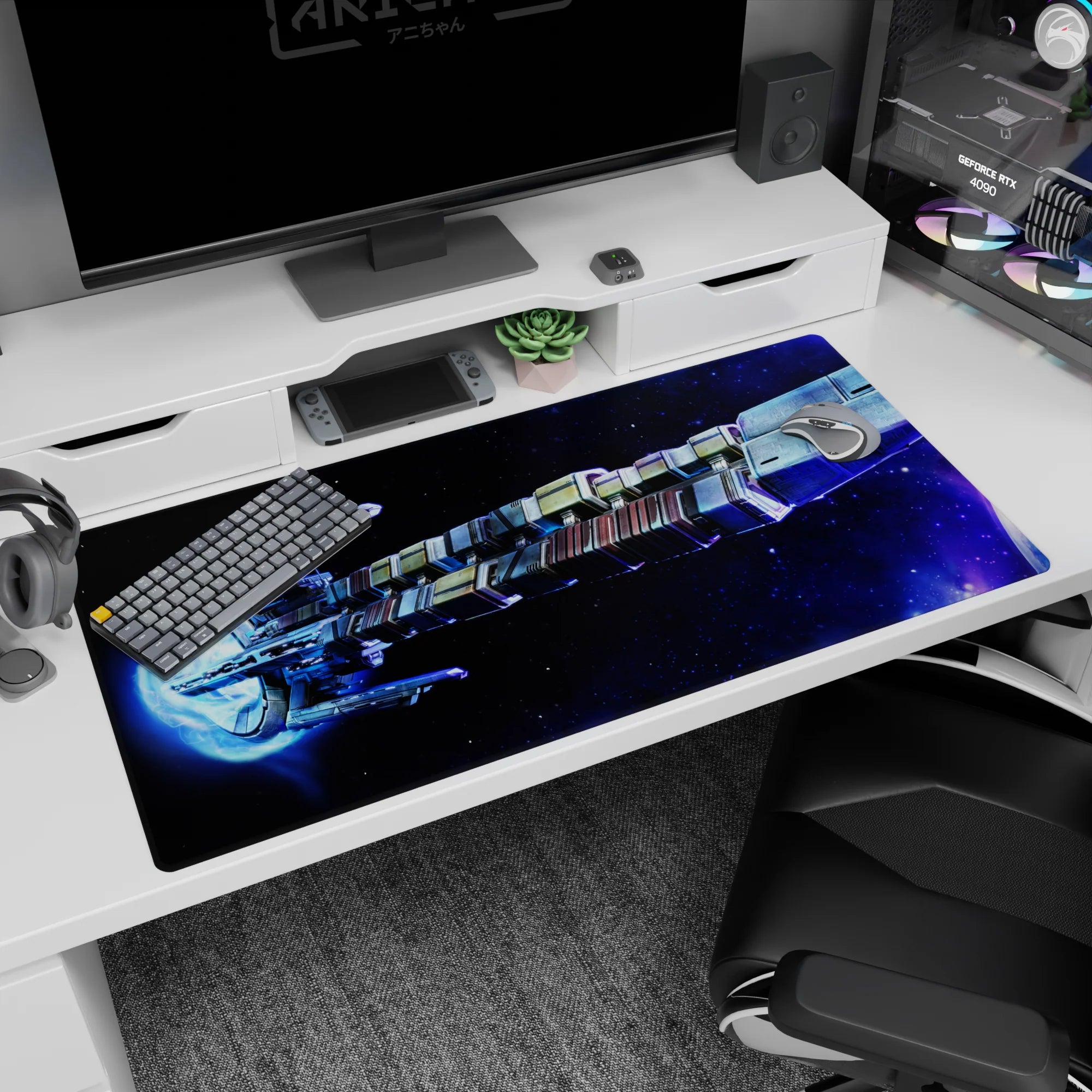 Desk pad 40x20 inches featuring a cosmic starry design with blue and violet tones, sleek and modern style.